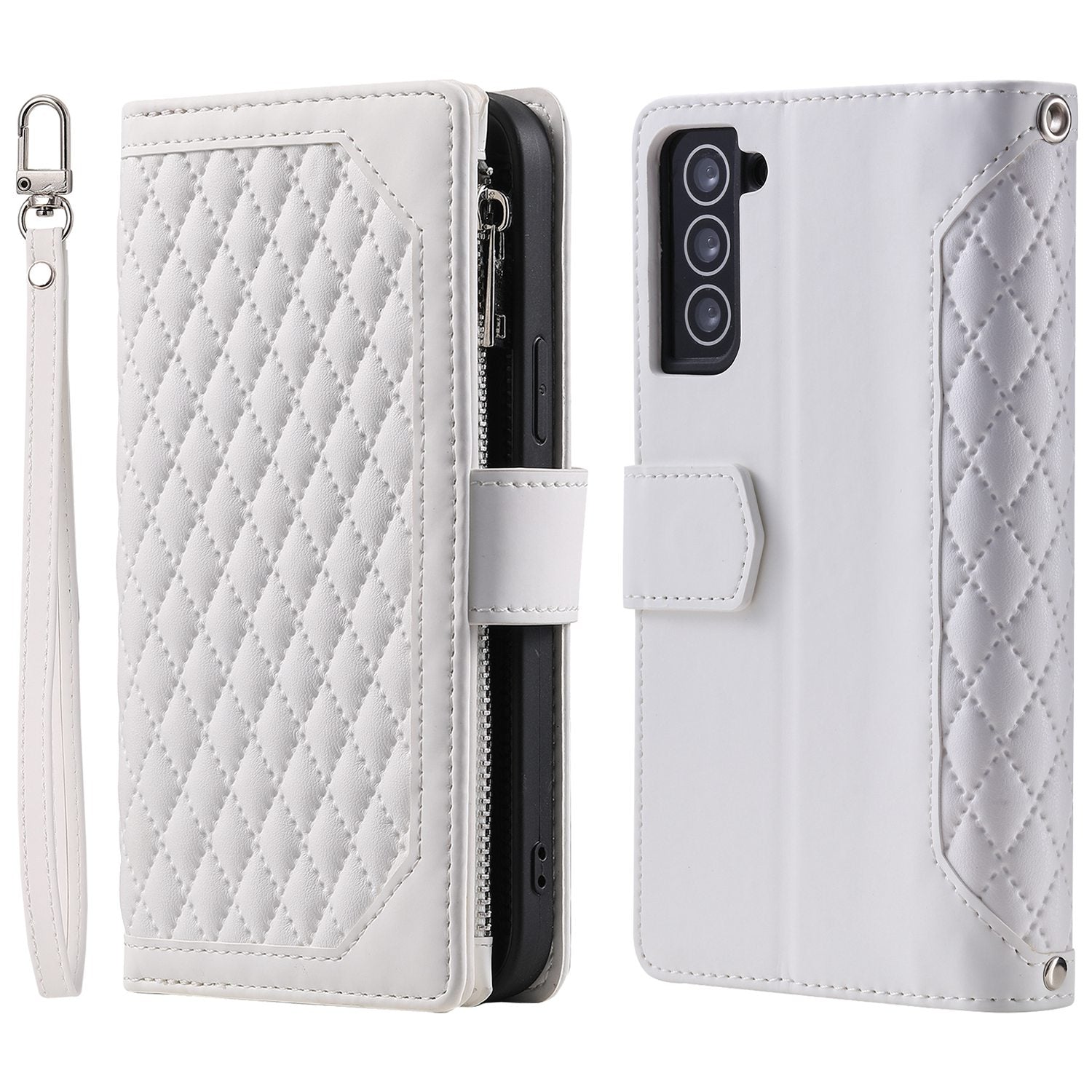 005 Style for Samsung Galaxy S21 FE 5G Rhombus Texture Anti-drop Phone Case PU Leather Zipper Pocket Stand Wallet Cover with Wrist Strap