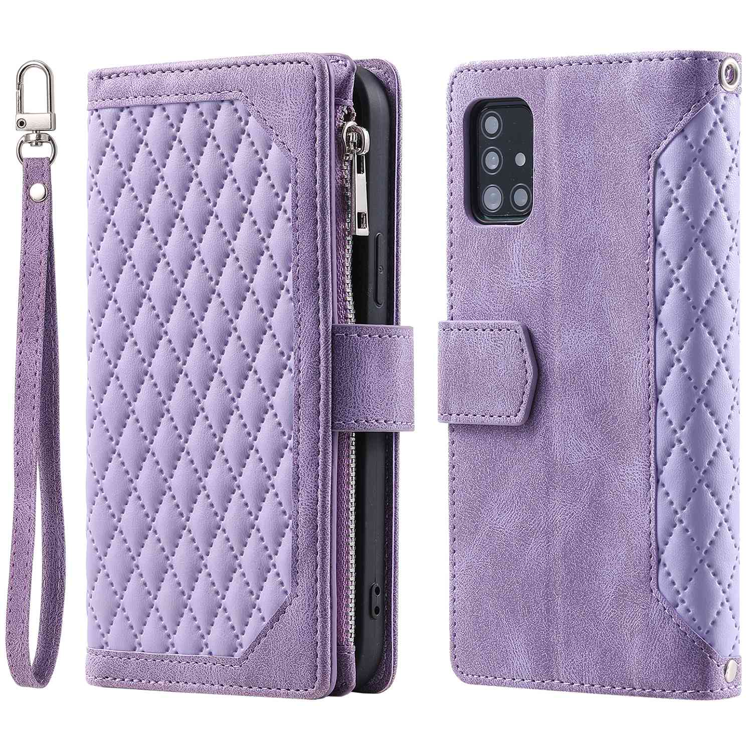005 Style Rhombus Texture Phone Case for Samsung Galaxy A71 4G SM-A715, Zipper Pocket Leather Stand Wallet Cover with Wrist Strap