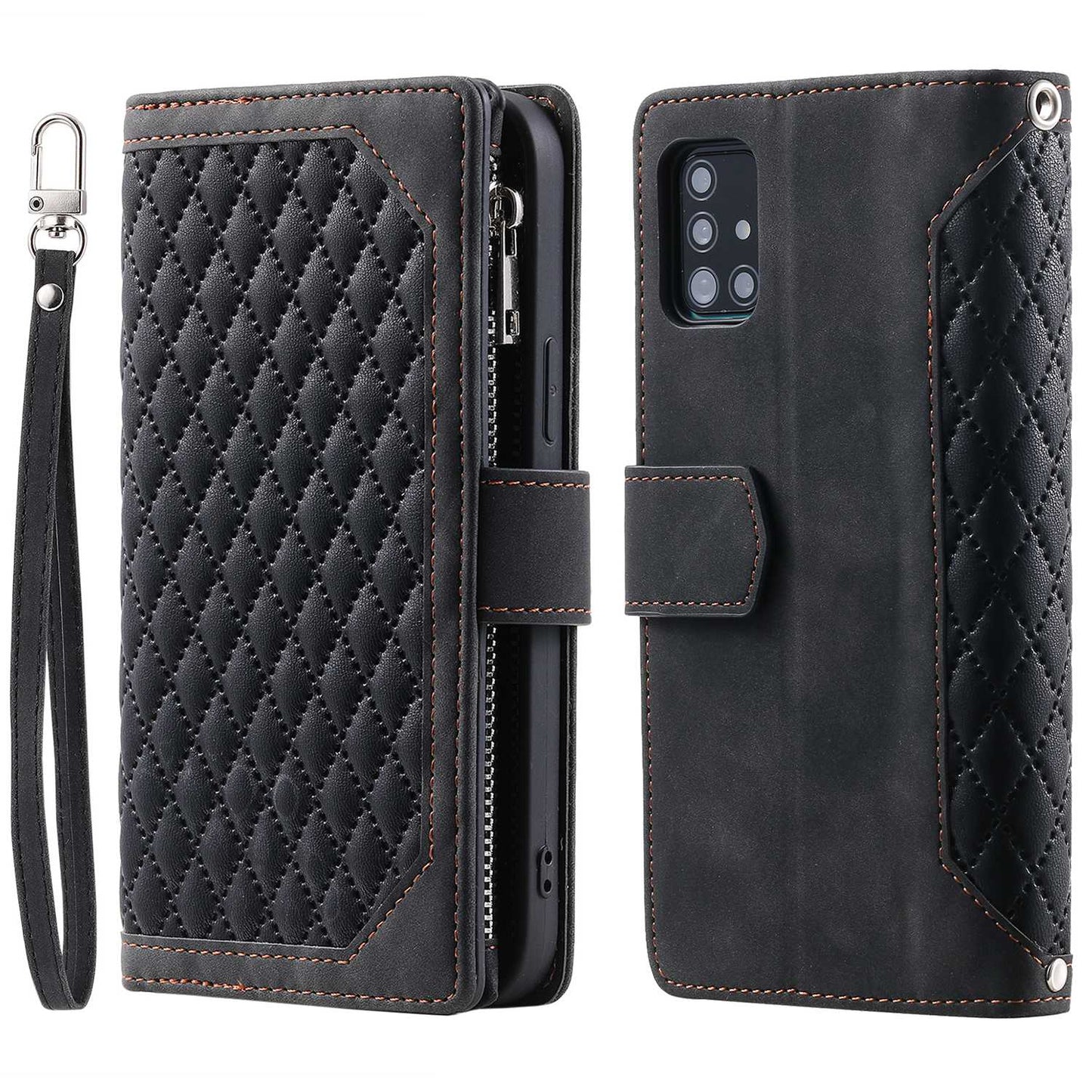 005 Style Rhombus Texture Phone Case for Samsung Galaxy A71 4G SM-A715, Zipper Pocket Leather Stand Wallet Cover with Wrist Strap