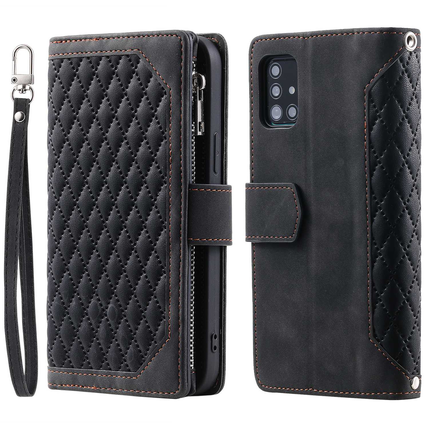 005 Style Rhombus Texture Phone Case for Samsung Galaxy A71 4G SM-A715, Zipper Pocket Leather Stand Wallet Cover with Wrist Strap