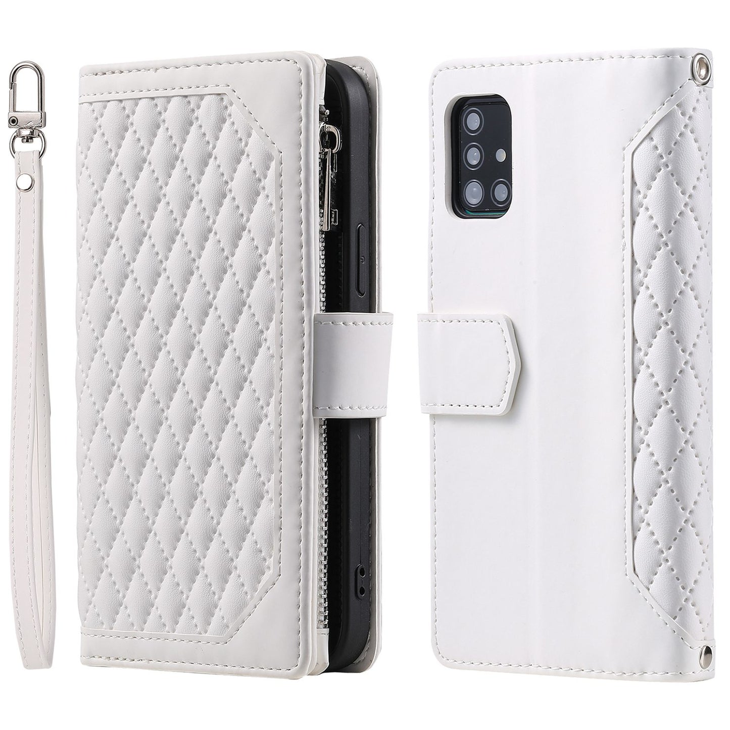005 Style Rhombus Texture Phone Case for Samsung Galaxy A71 4G SM-A715, Zipper Pocket Leather Stand Wallet Cover with Wrist Strap
