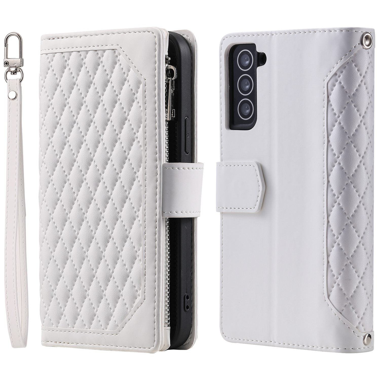 005 Style for Samsung Galaxy S21 4G / 5G Zipper Pocket Rhombus Texture Wallet Case PU Leather Stand Phone Cover with Wrist Strap