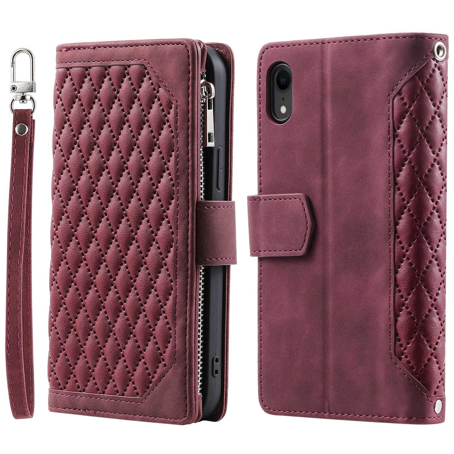 005 Style Zipper Pocket Phone Cover for iPhone XR 6.1 inch, Rhombus Texture Stand Wallet PU Leather Case with Wrist Strap