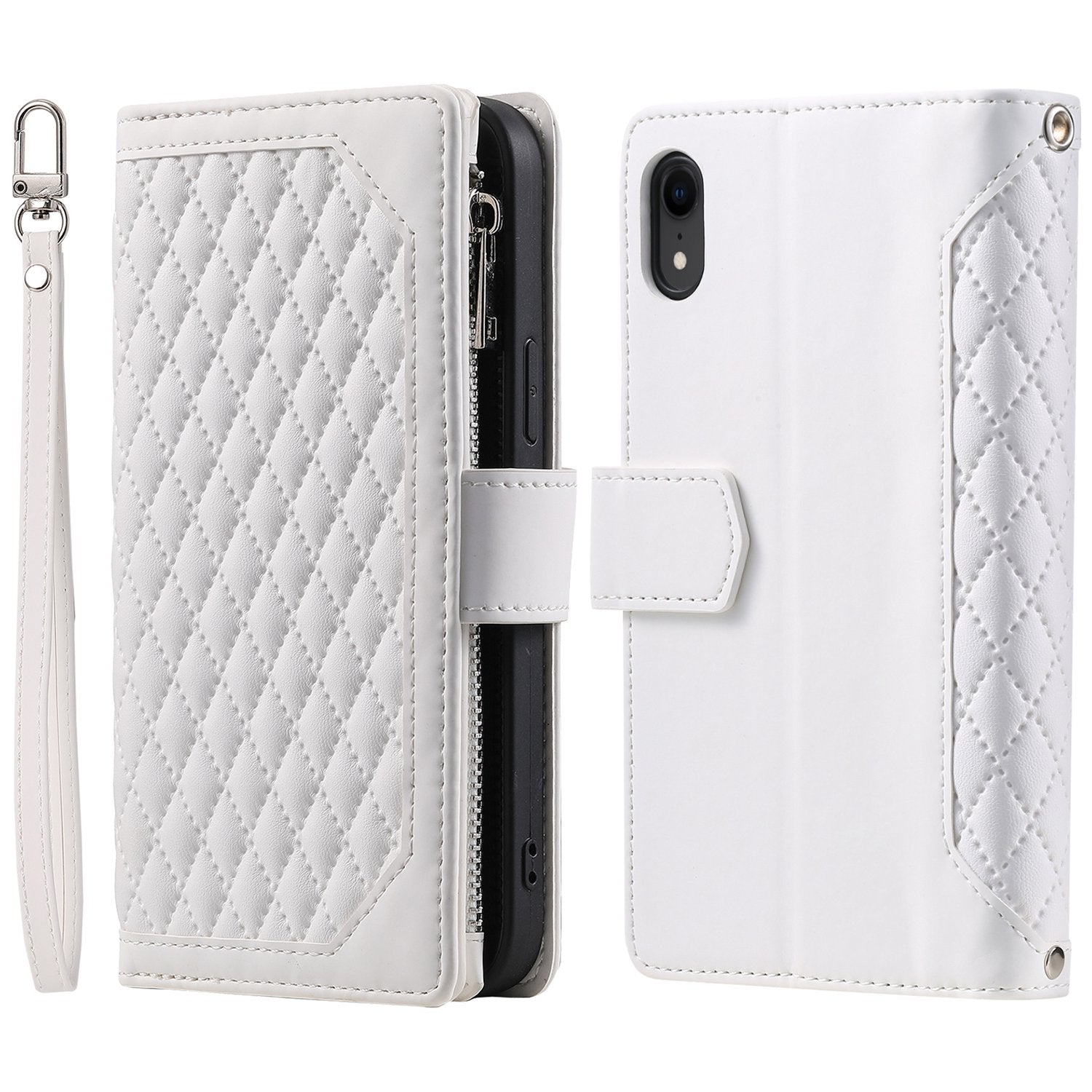005 Style Zipper Pocket Phone Cover for iPhone XR 6.1 inch, Rhombus Texture Stand Wallet PU Leather Case with Wrist Strap