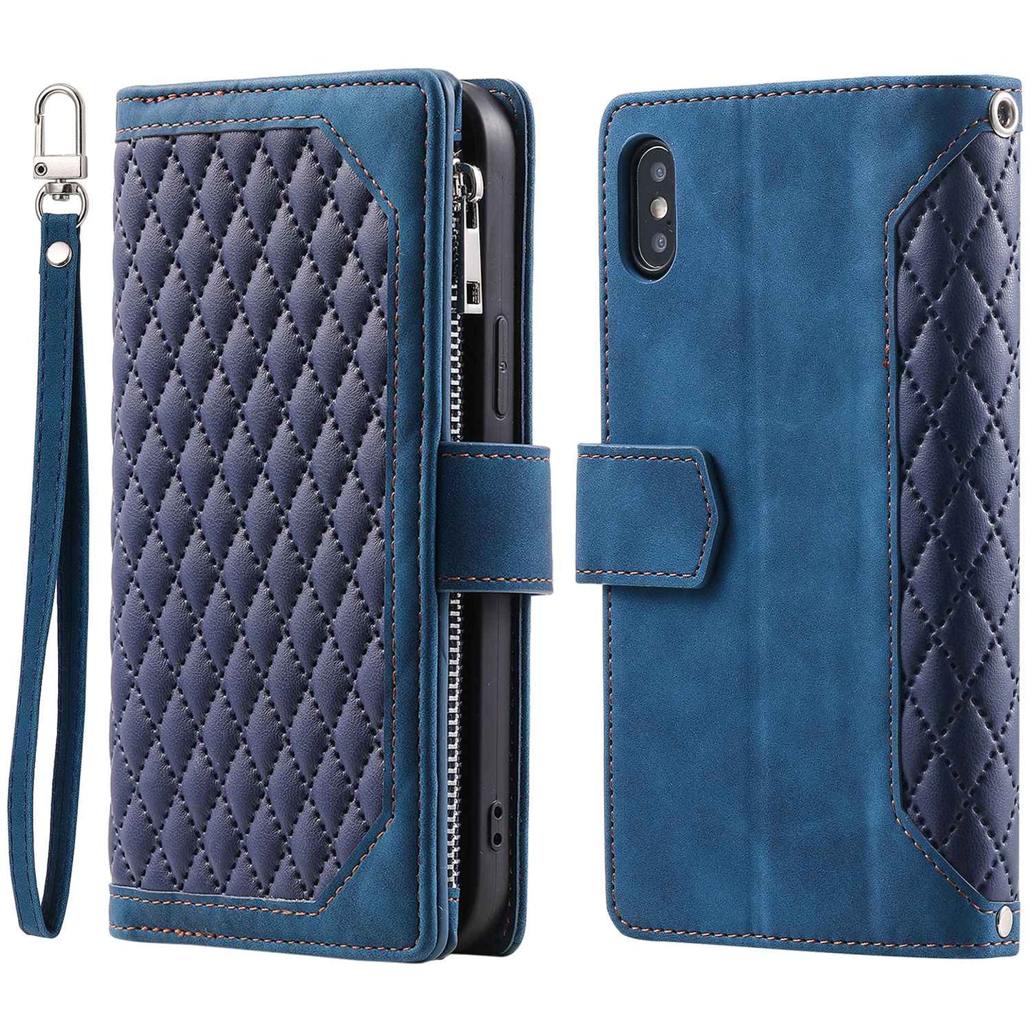 005 Style Leather Case with Strap for iPhone XS Max 6.5 inch, Rhombus Texture Zipper Pocket Phone Cover with Stand Wallet