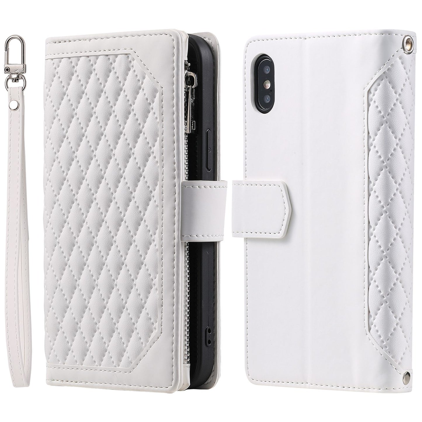 005 Style for iPhone X / XS Max 6.5 inch Rhombus Texture Stand Wallet Case Zipper Pocket PU Leather Phone Cover with Wrist Strap