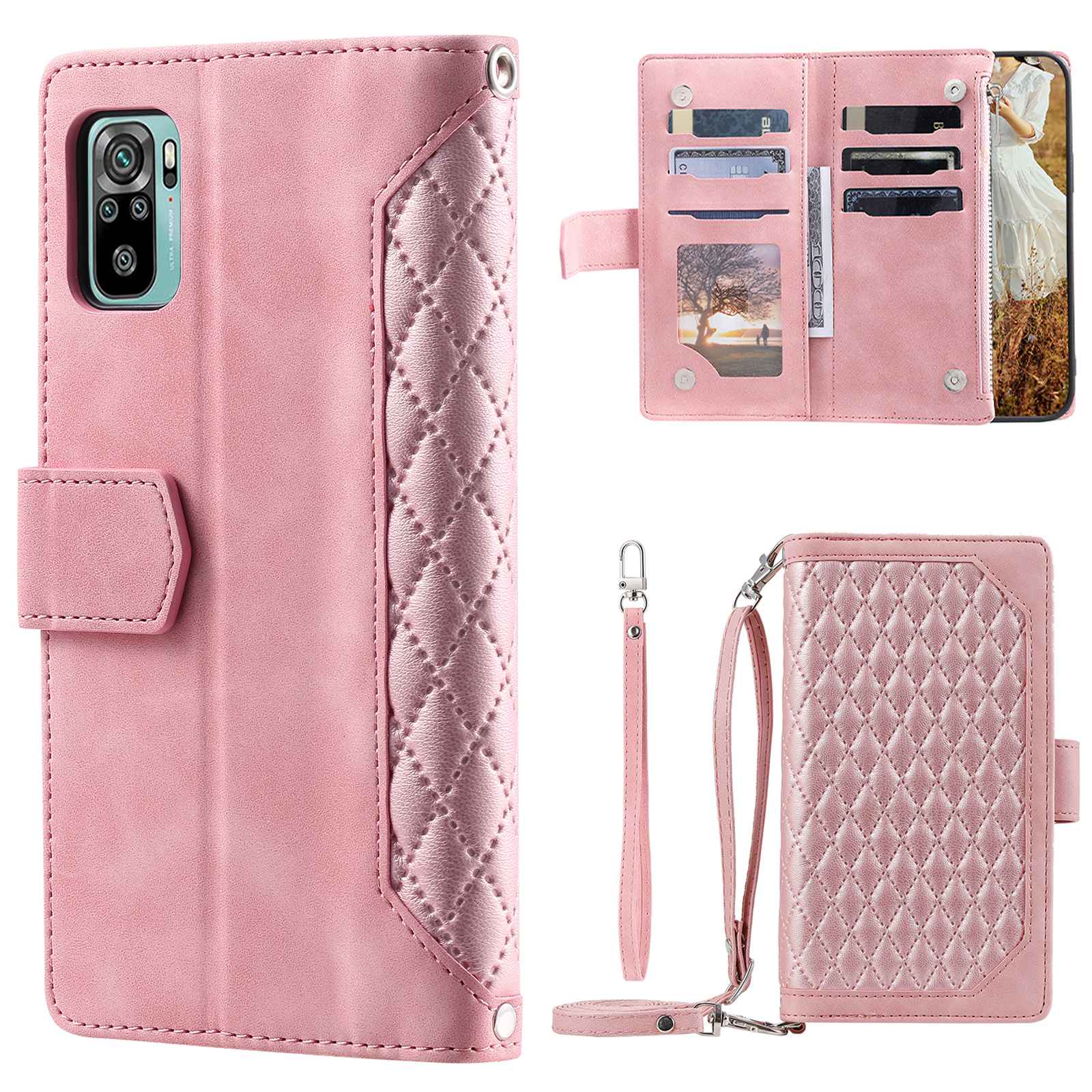 005 Style Phone Case for Xiaomi Poco M5s 4G / Redmi Note 10 4G / Redmi Note 10S 4G, Wear-resistant Anti-drop Leather Rhombus Texture Stand Wallet Cover with Zipper Pocket