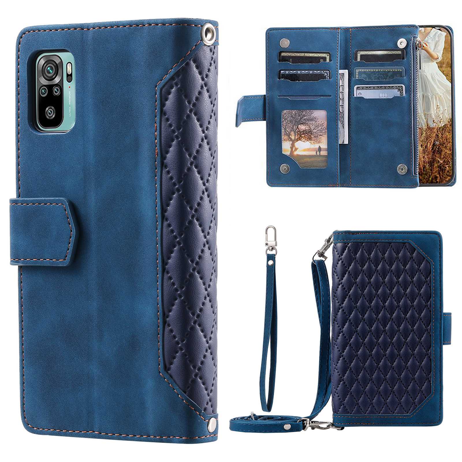 005 Style Phone Case for Xiaomi Poco M5s 4G / Redmi Note 10 4G / Redmi Note 10S 4G, Wear-resistant Anti-drop Leather Rhombus Texture Stand Wallet Cover with Zipper Pocket