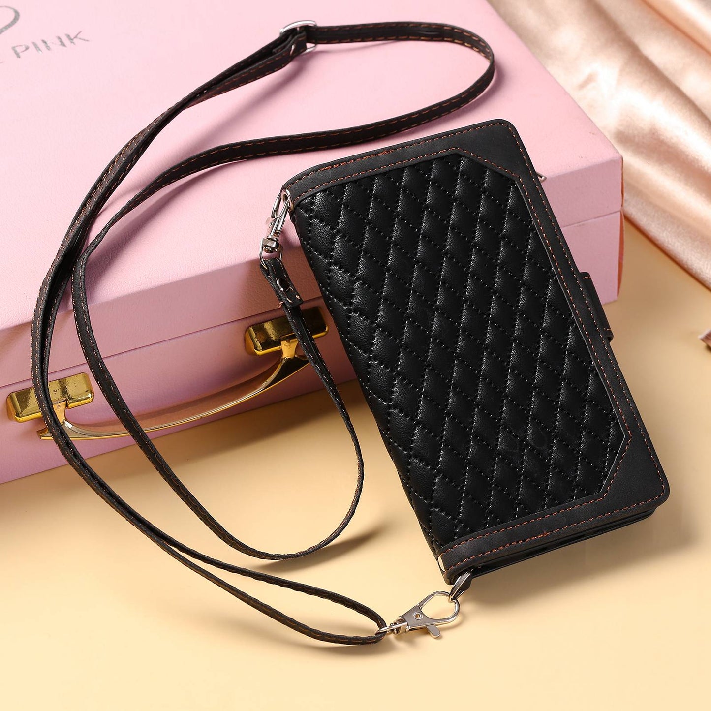 005 Style For Samsung Galaxy S21+ 5G, Drop-proof Phone Case PU Leather Rhombus Texture Zipper Pocket Wallet Cover Stand with Strap
