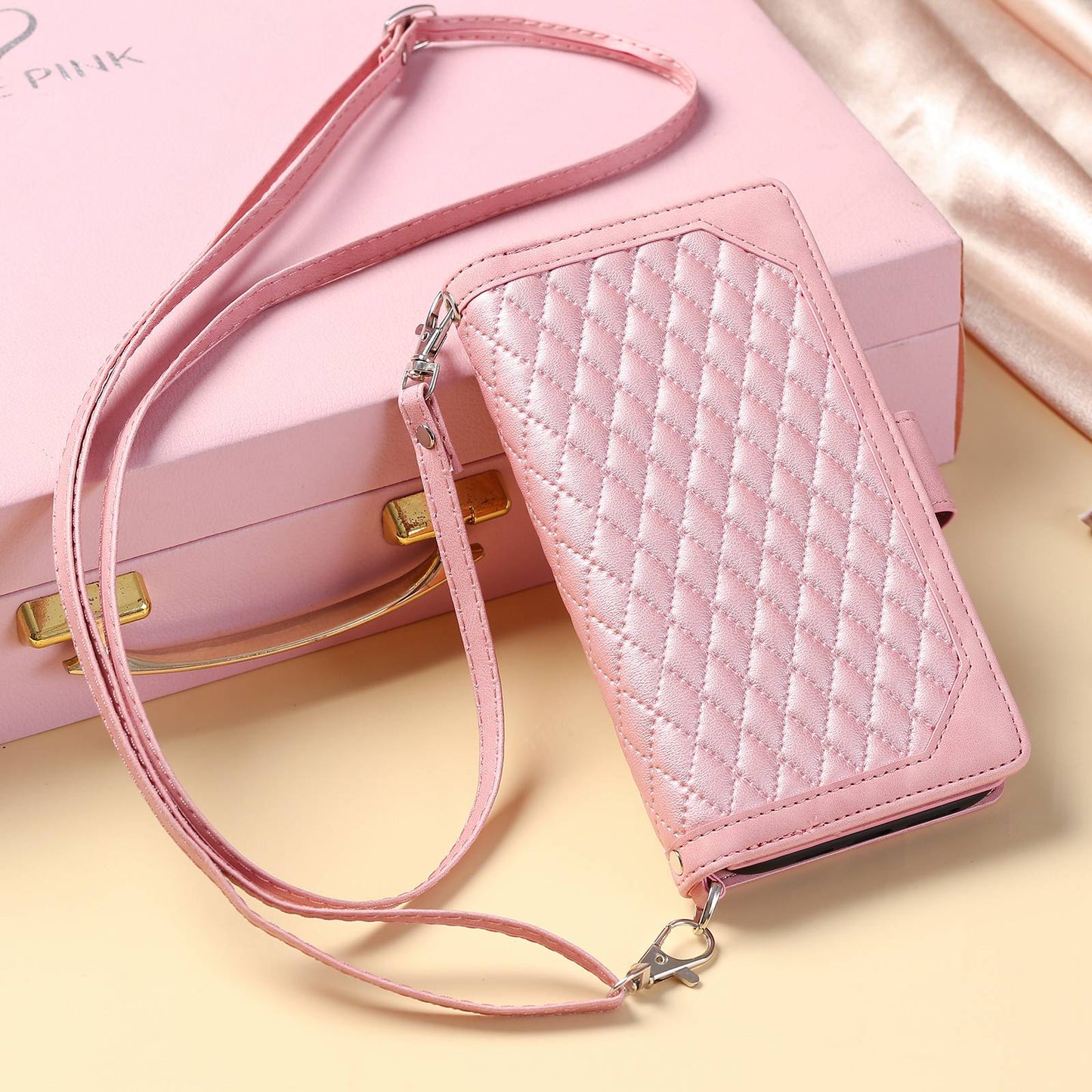 005 Style For Samsung Galaxy A52 4G / 5G / A52s 5G, Rhombus Texture PU Leather Stand Phone Case Zipper Pocket Wallet Style Shell with Strap