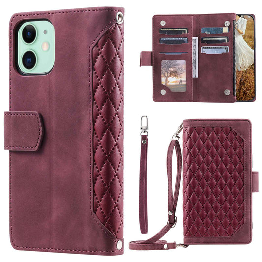 005 Style Phone Cover For iPhone 12 mini 5.4 inch, Wear-resistant Rhombus Texture PU Leather Flip Case Zipper Pocket Wallet Stand Card Holder with Strap