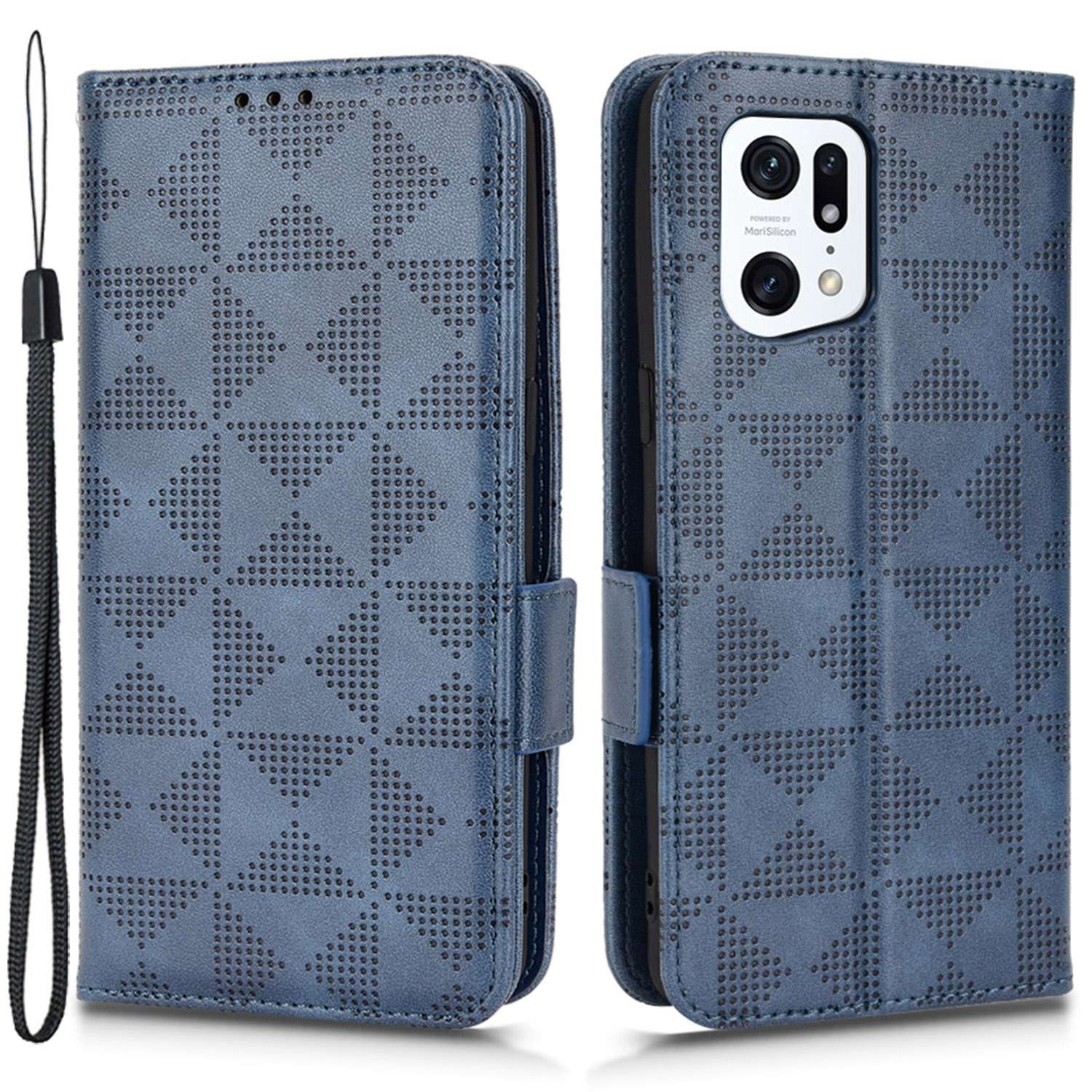 For Oppo Find X5 Pro 5G Triangle Pattern Imprinted Magnetic Phone Case Stand Wallet Style Anti-fall Leather Shell with Strap