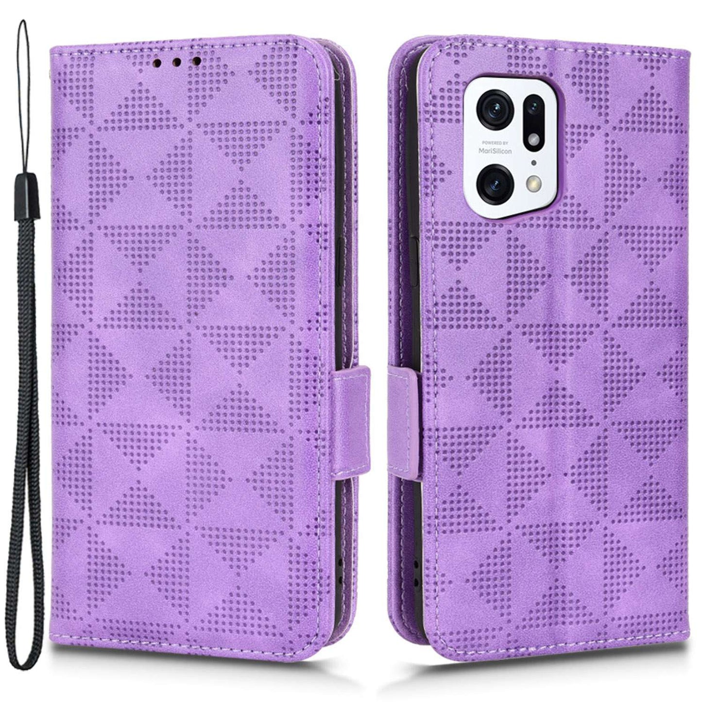 For Oppo Find X5 Pro 5G Triangle Pattern Imprinted Magnetic Phone Case Stand Wallet Style Anti-fall Leather Shell with Strap