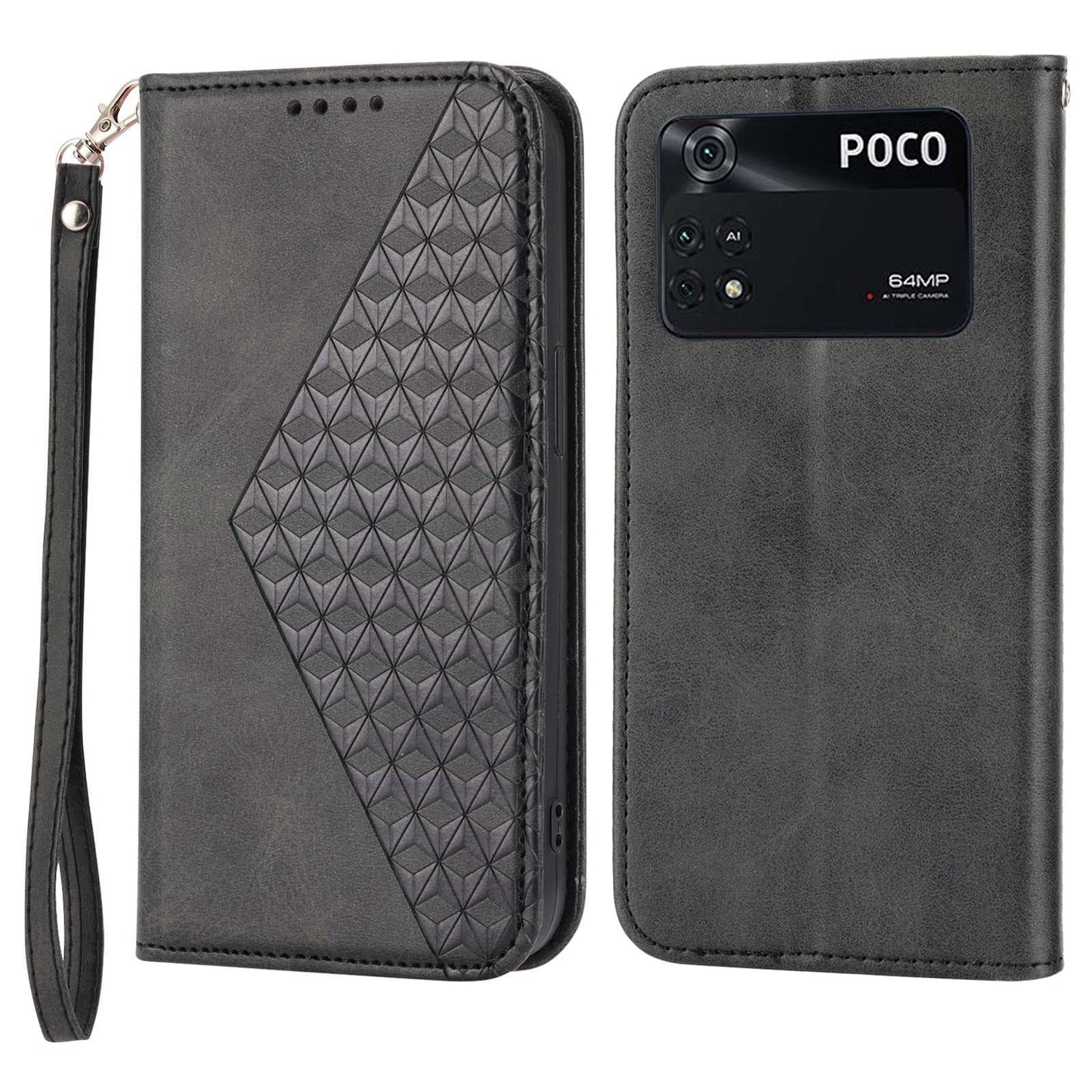 For Xiaomi Poco M4 Pro 4G Imprinted Rhombus Pattern Calf Texture PU Leather Case Anti-drop Stand Wallet Cover with Strap