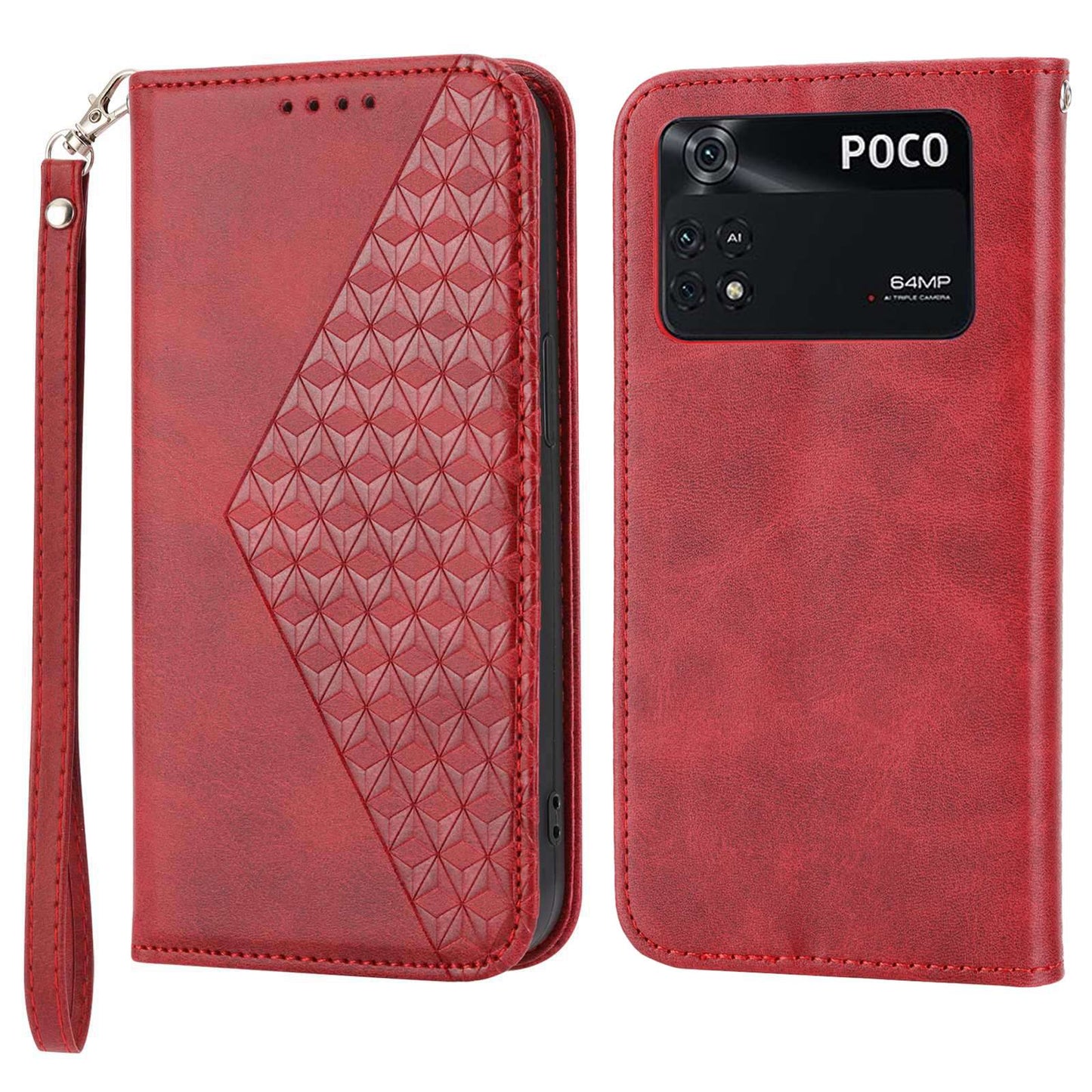 For Xiaomi Poco M4 Pro 4G Imprinted Rhombus Pattern Calf Texture PU Leather Case Anti-drop Stand Wallet Cover with Strap