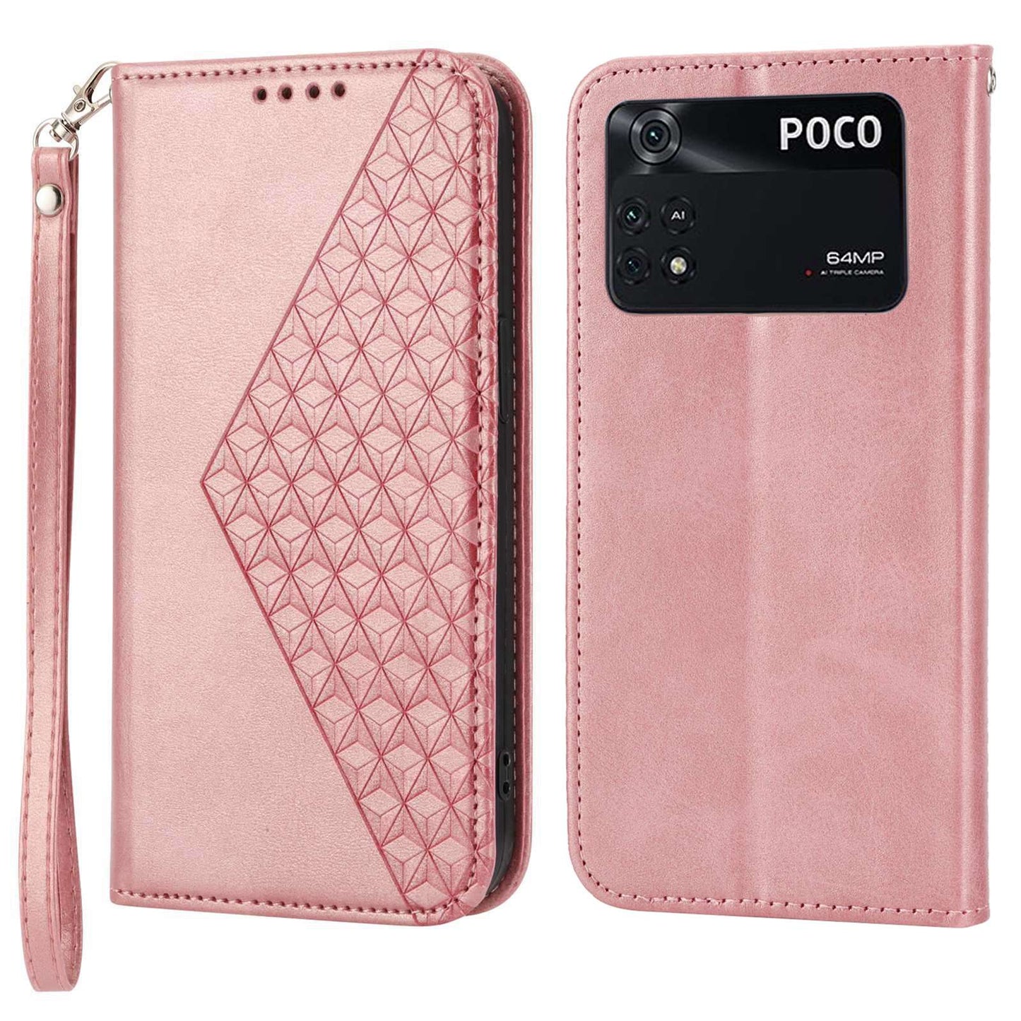 For Xiaomi Poco M4 Pro 4G Imprinted Rhombus Pattern Calf Texture PU Leather Case Anti-drop Stand Wallet Cover with Strap