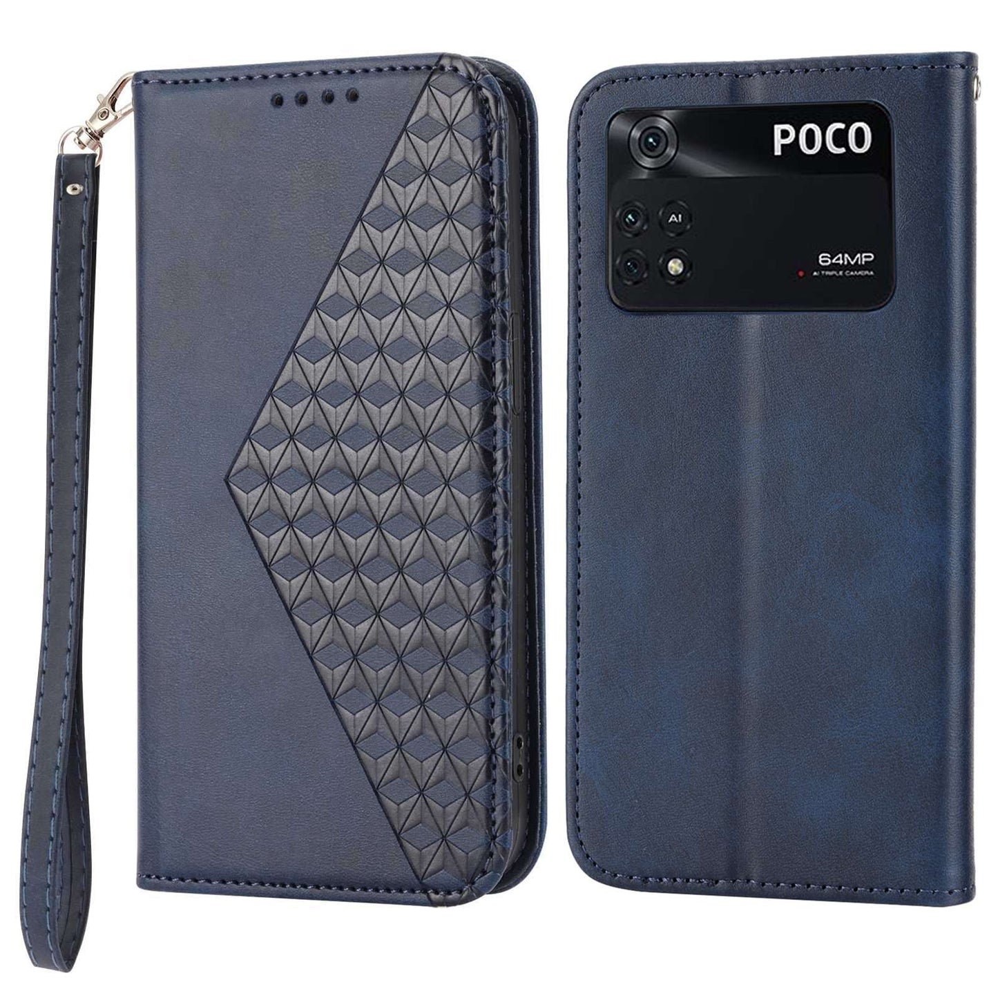 For Xiaomi Poco M4 Pro 4G Imprinted Rhombus Pattern Calf Texture PU Leather Case Anti-drop Stand Wallet Cover with Strap