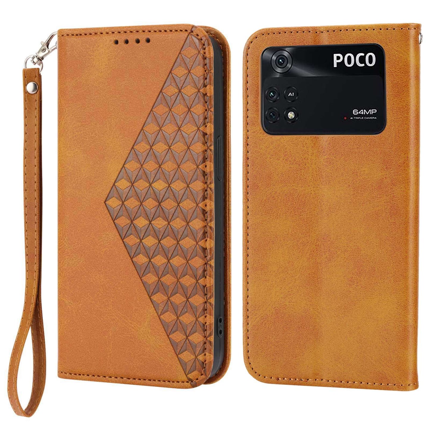For Xiaomi Poco M4 Pro 4G Imprinted Rhombus Pattern Calf Texture PU Leather Case Anti-drop Stand Wallet Cover with Strap