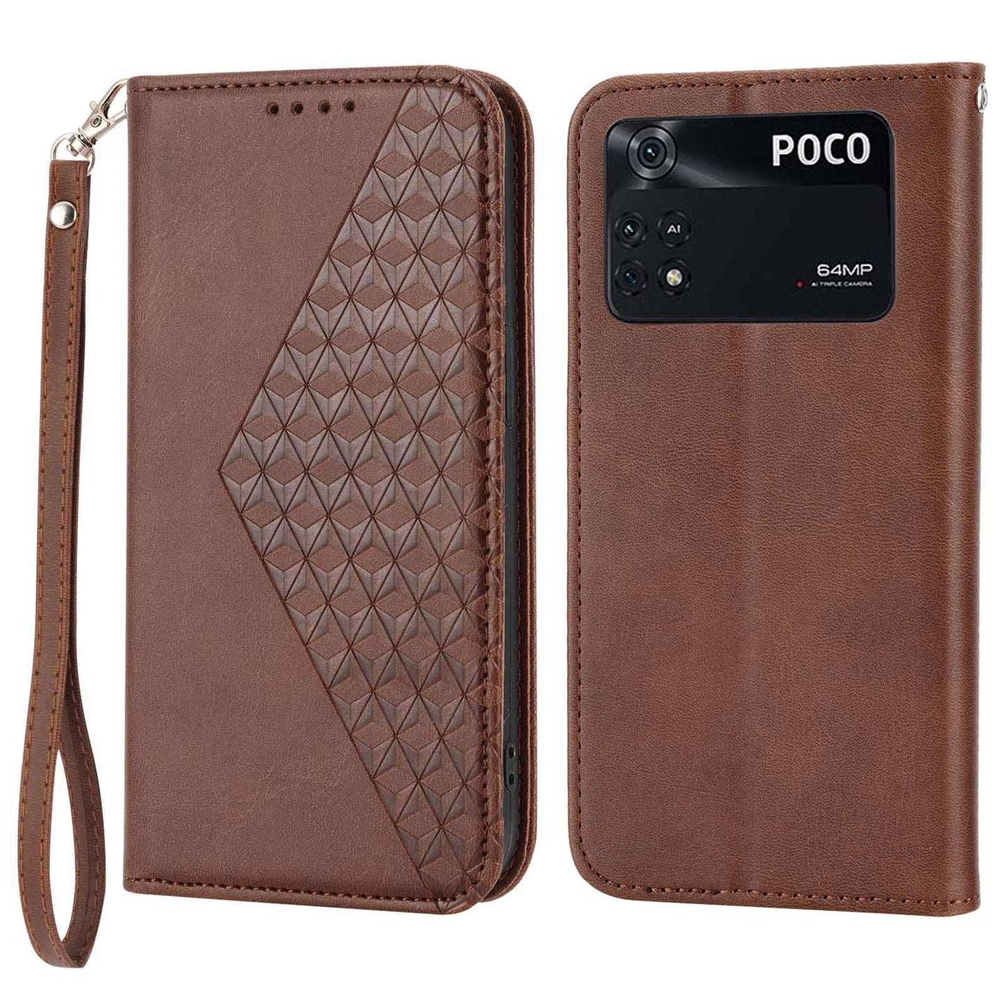 For Xiaomi Poco M4 Pro 4G Imprinted Rhombus Pattern Calf Texture PU Leather Case Anti-drop Stand Wallet Cover with Strap