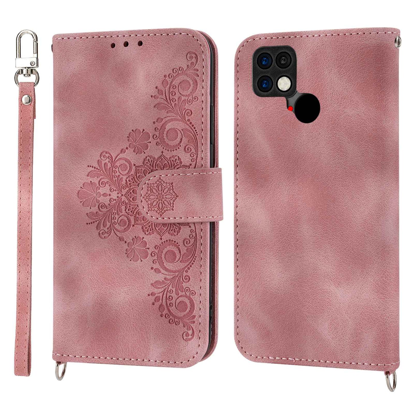 For Xiaomi Poco C40 4G Imprinted Flowers Skin-touch Stand Phone Cover Multiple Card Slots PU Leather Wallet Case with Wrist Strap and Shoulder Strap