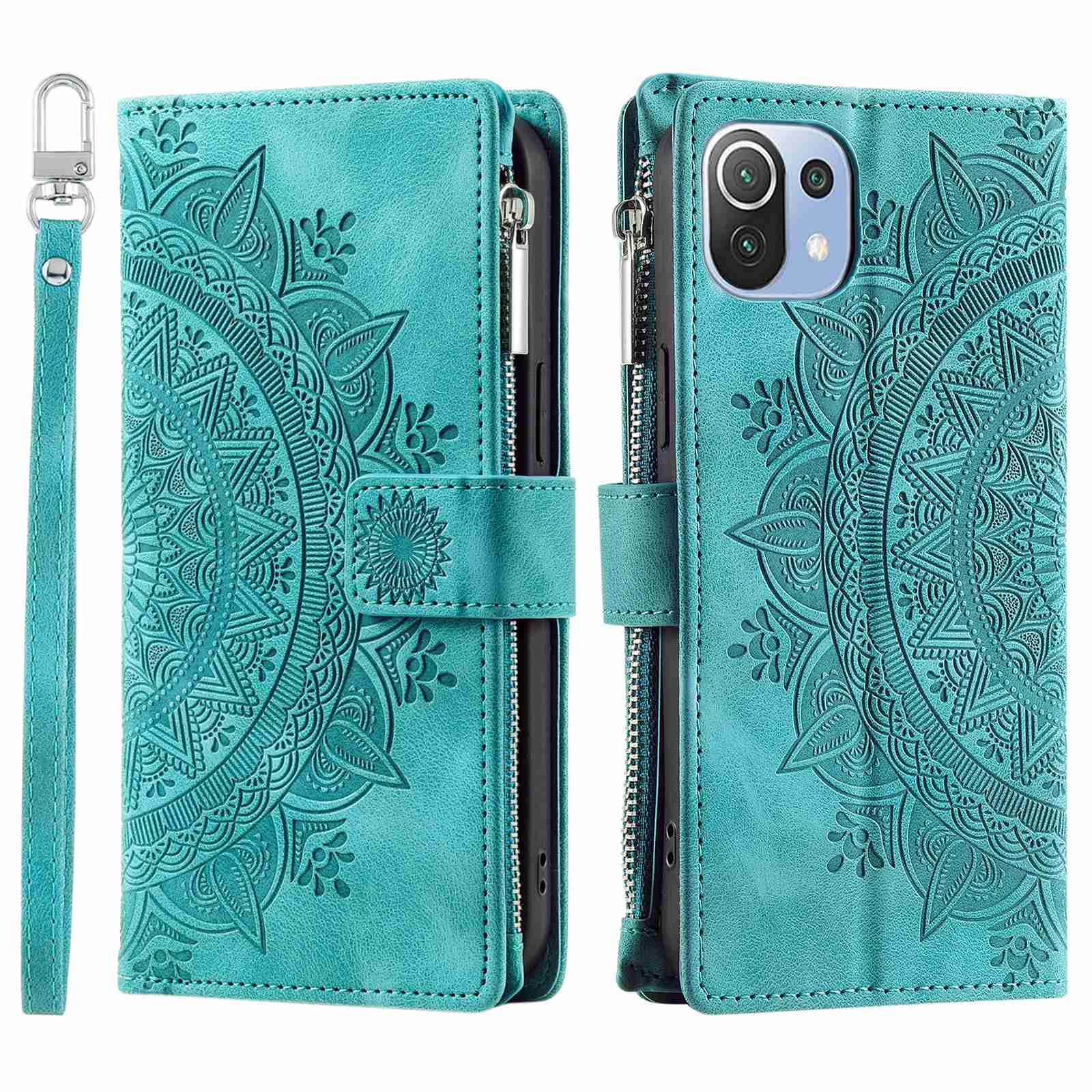 For Xiaomi 11 Lite 5G NE / Mi 11 Lite 5G / 4G Zipper Pocket Phone Case Mandala Flower Imprinted PU Leather Stand Cover Multiple Card Slots Wallet