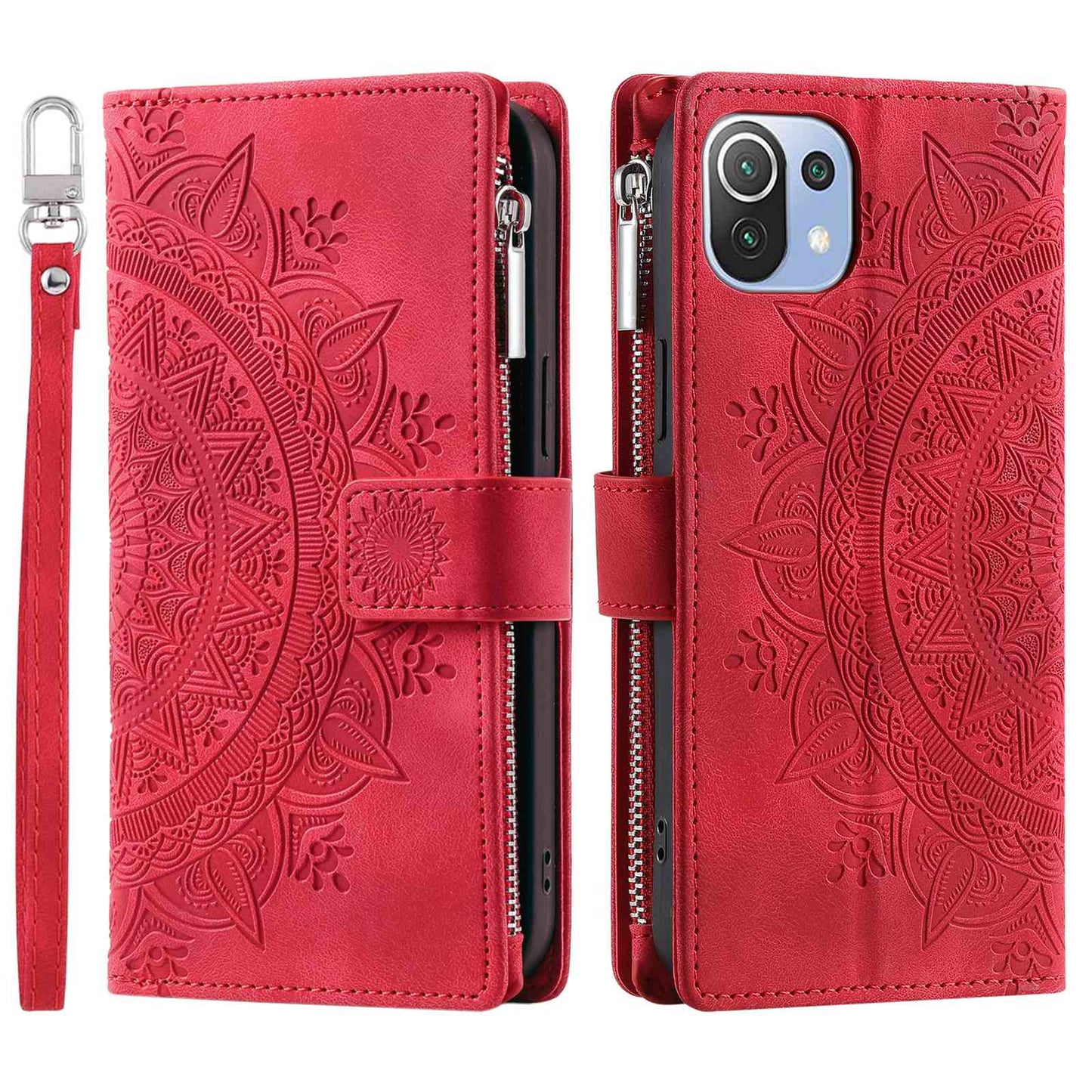 For Xiaomi 11 Lite 5G NE / Mi 11 Lite 5G / 4G Zipper Pocket Phone Case Mandala Flower Imprinted PU Leather Stand Cover Multiple Card Slots Wallet