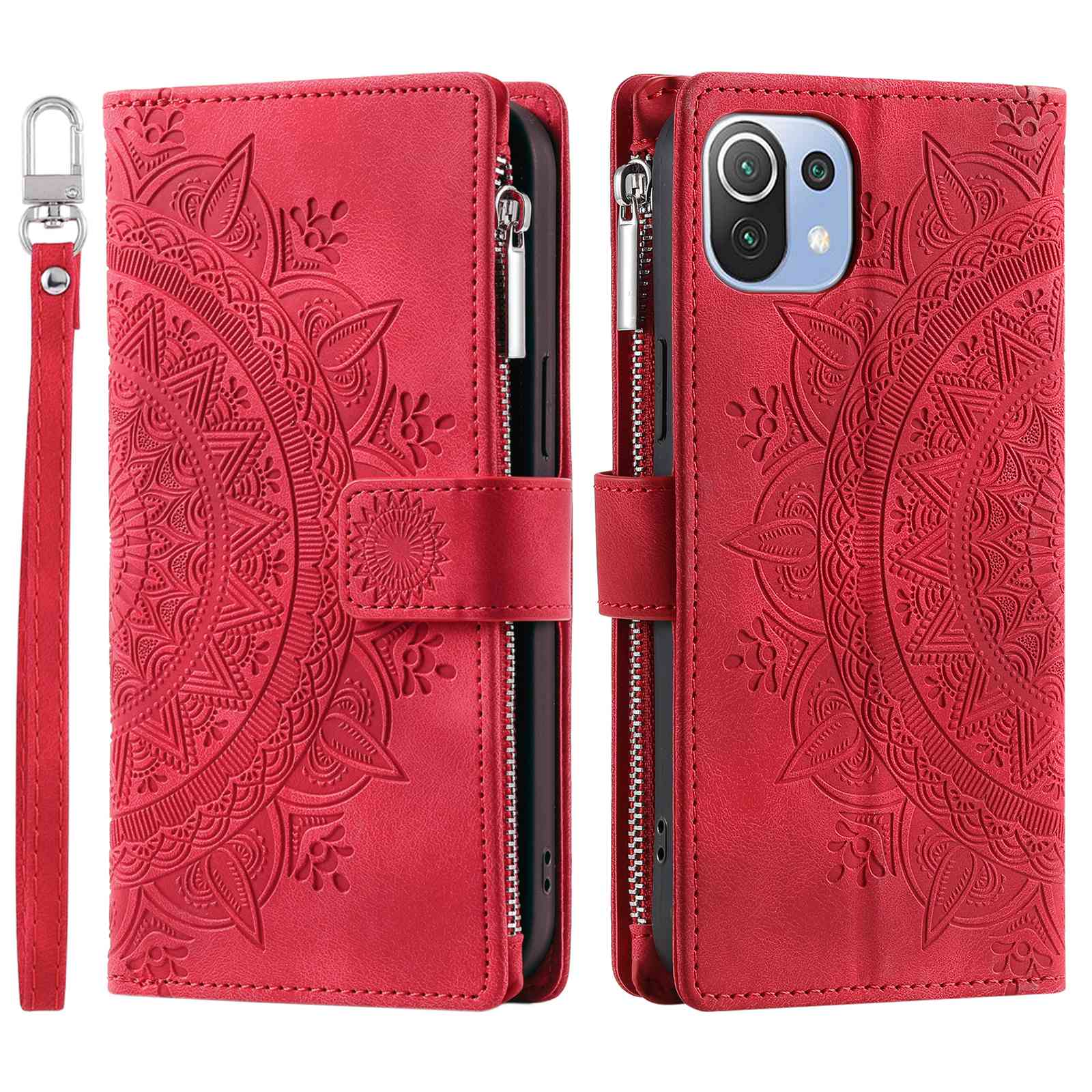 For Xiaomi 11 Lite 5G NE / Mi 11 Lite 5G / 4G Zipper Pocket Phone Case Mandala Flower Imprinted PU Leather Stand Cover Multiple Card Slots Wallet
