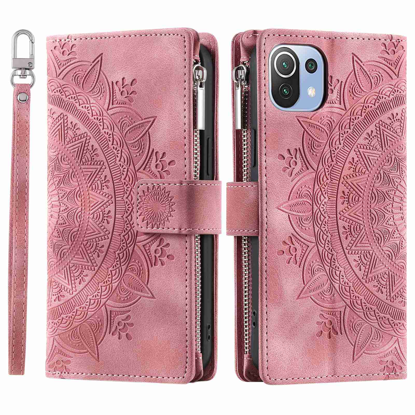 For Xiaomi 11 Lite 5G NE / Mi 11 Lite 5G / 4G Zipper Pocket Phone Case Mandala Flower Imprinted PU Leather Stand Cover Multiple Card Slots Wallet