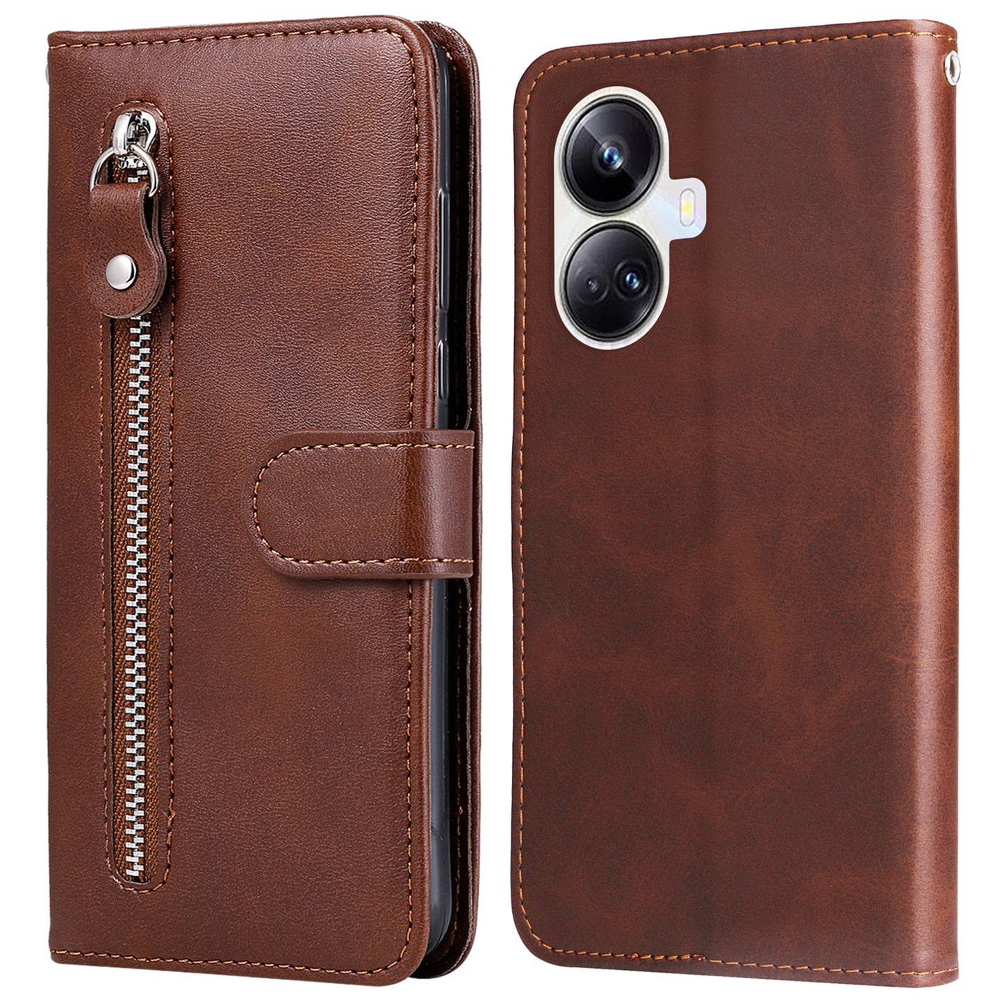 Full Protection Calf Texture Phone Case for Realme 10 Pro+ 5G, PU Leather Zipper Pocket Flip Wallet Cover with Viewing Stand