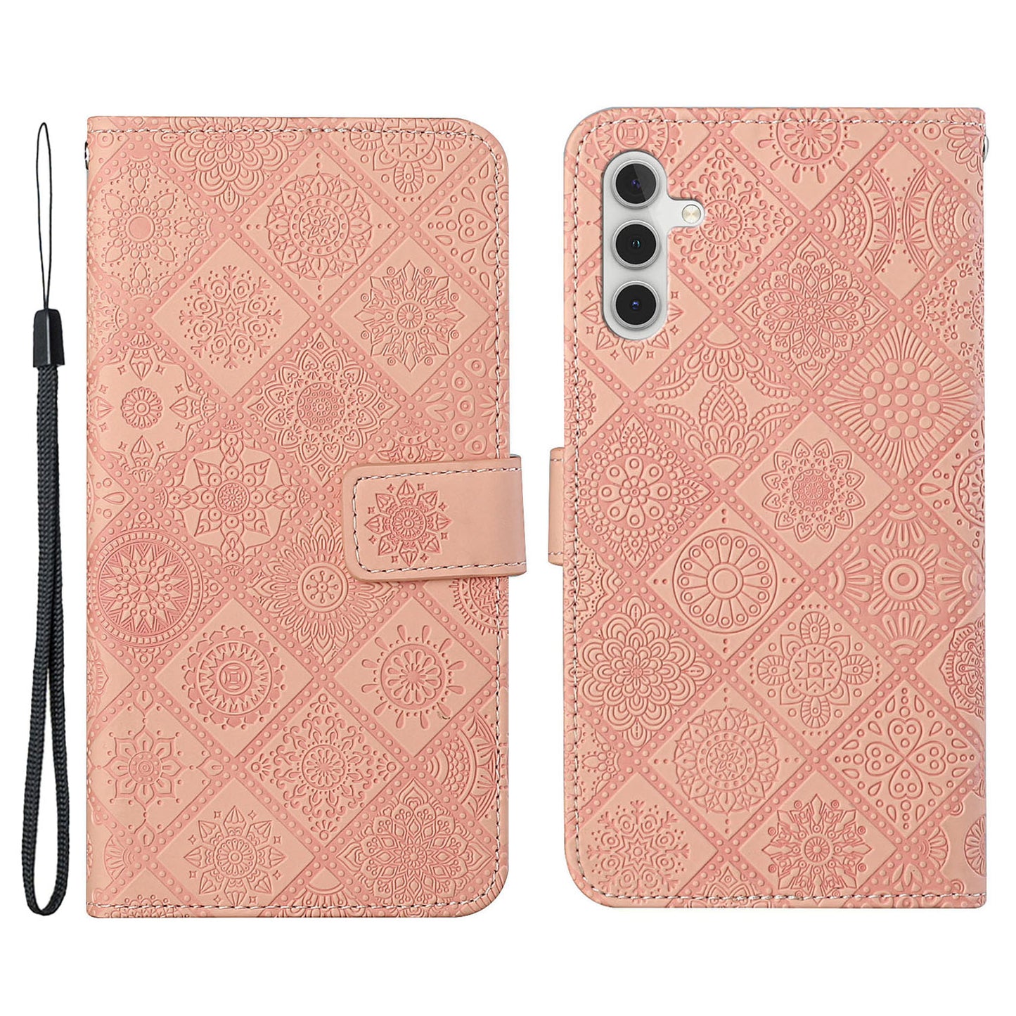 For Samsung Galaxy A34 5G Ethnic Style Flower Imprinted PU Leather Magnetic Flip Phone Case Stand Wallet Protective Phone Cover with Strap