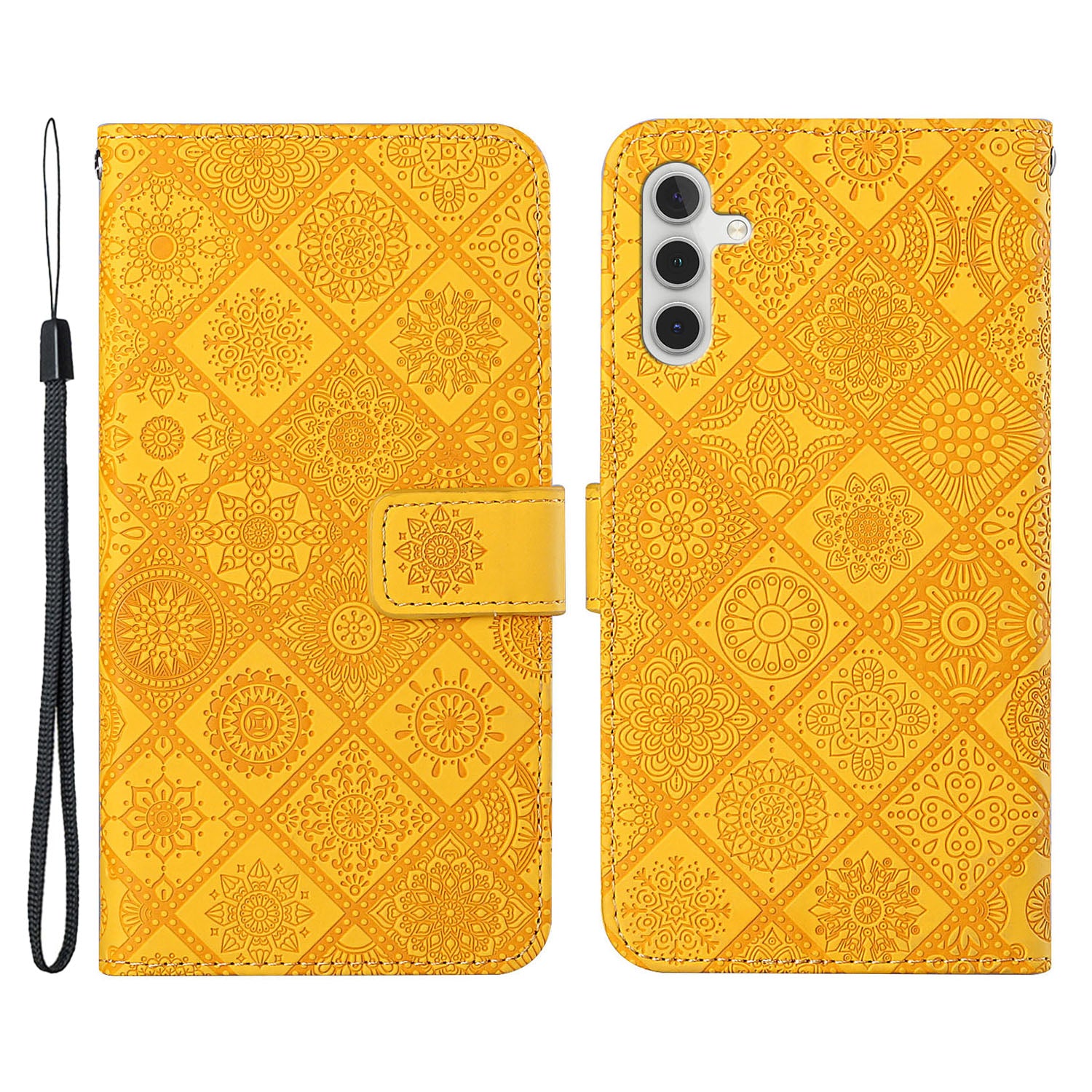 For Samsung Galaxy A34 5G Ethnic Style Flower Imprinted PU Leather Magnetic Flip Phone Case Stand Wallet Protective Phone Cover with Strap