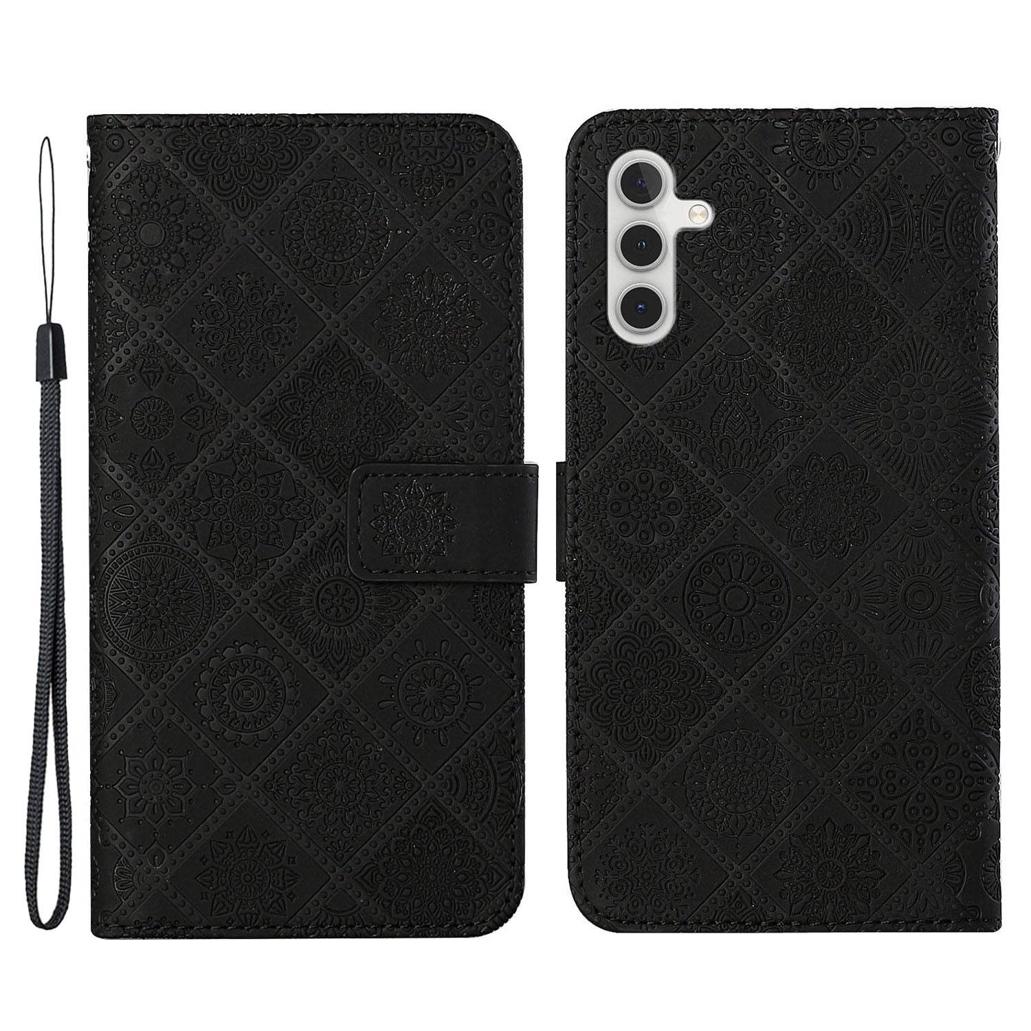 For Samsung Galaxy A34 5G Ethnic Style Flower Imprinted PU Leather Magnetic Flip Phone Case Stand Wallet Protective Phone Cover with Strap