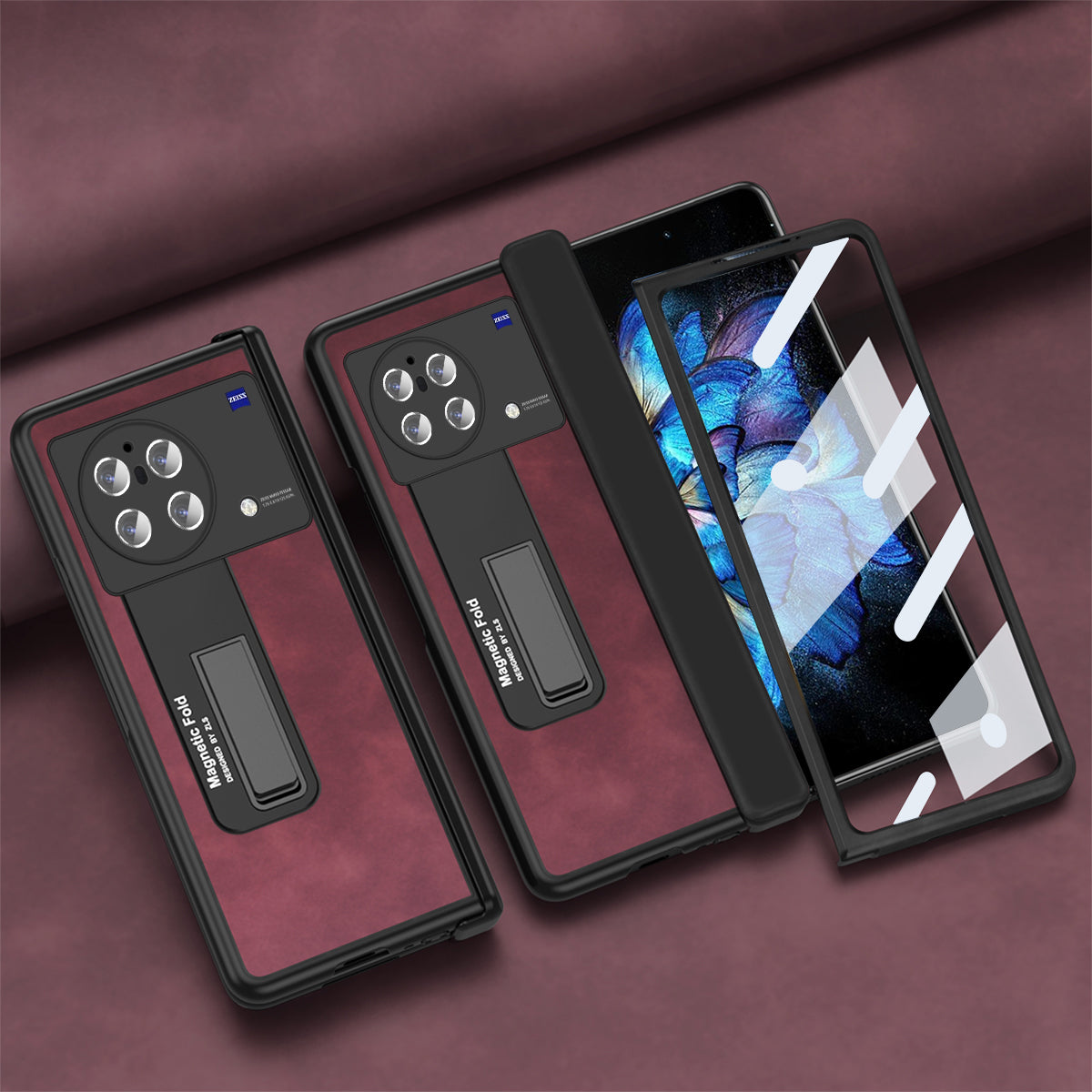 Nappa Texture Phone Case For vivo X Fold, Hinge Protection Kickstand Anti-scratch PU Leather + PC Phone Cover with Tempered Glass Film