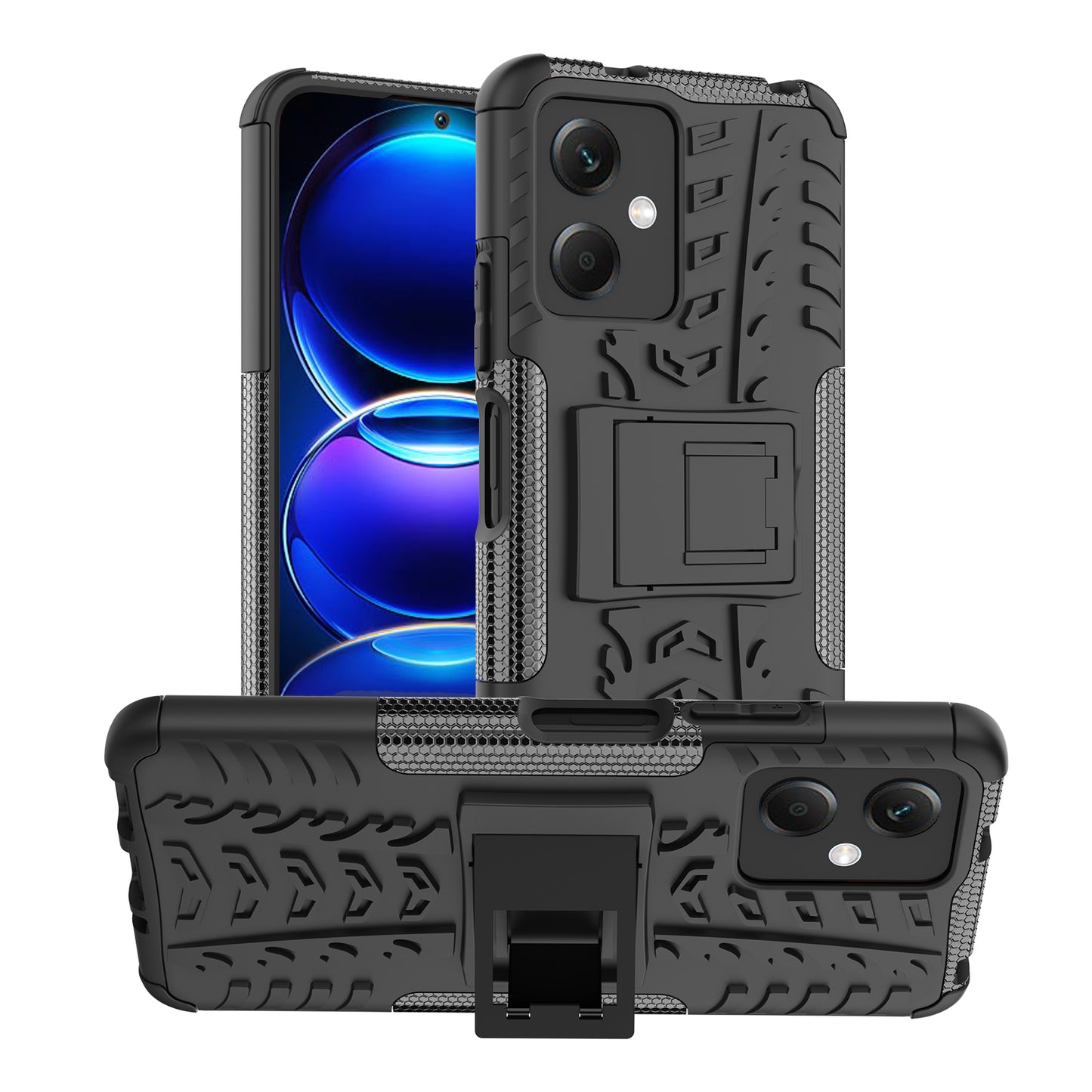 For Xiaomi Redmi Note 12 5G (Global) / (India) / (China) / Poco X5 5G Hard PC+TPU Rugged Tire Pattern Shock-absorbing Phone Case Kickstand Back Cover