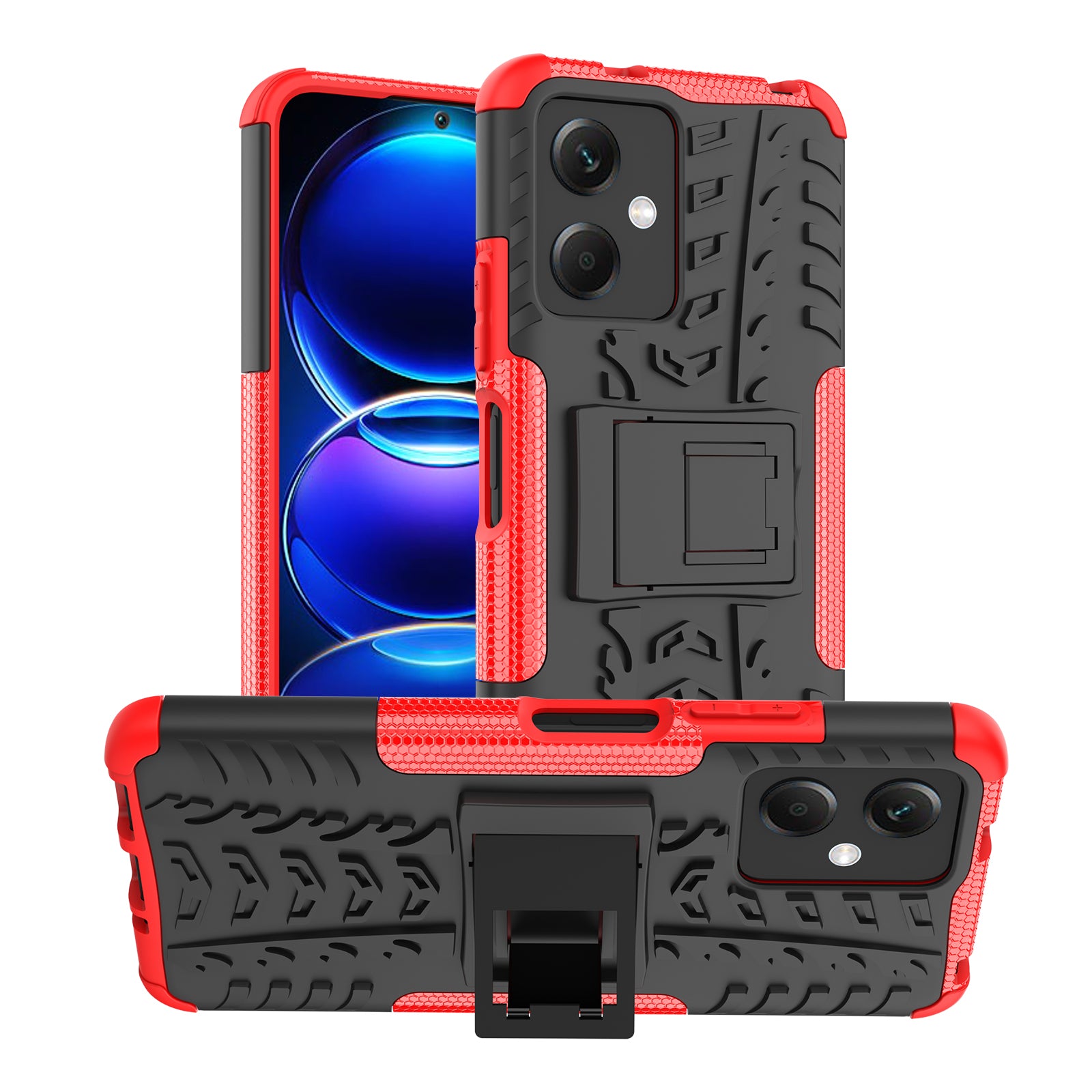 For Xiaomi Redmi Note 12 5G (Global) / (India) / (China) / Poco X5 5G Hard PC+TPU Rugged Tire Pattern Shock-absorbing Phone Case Kickstand Back Cover