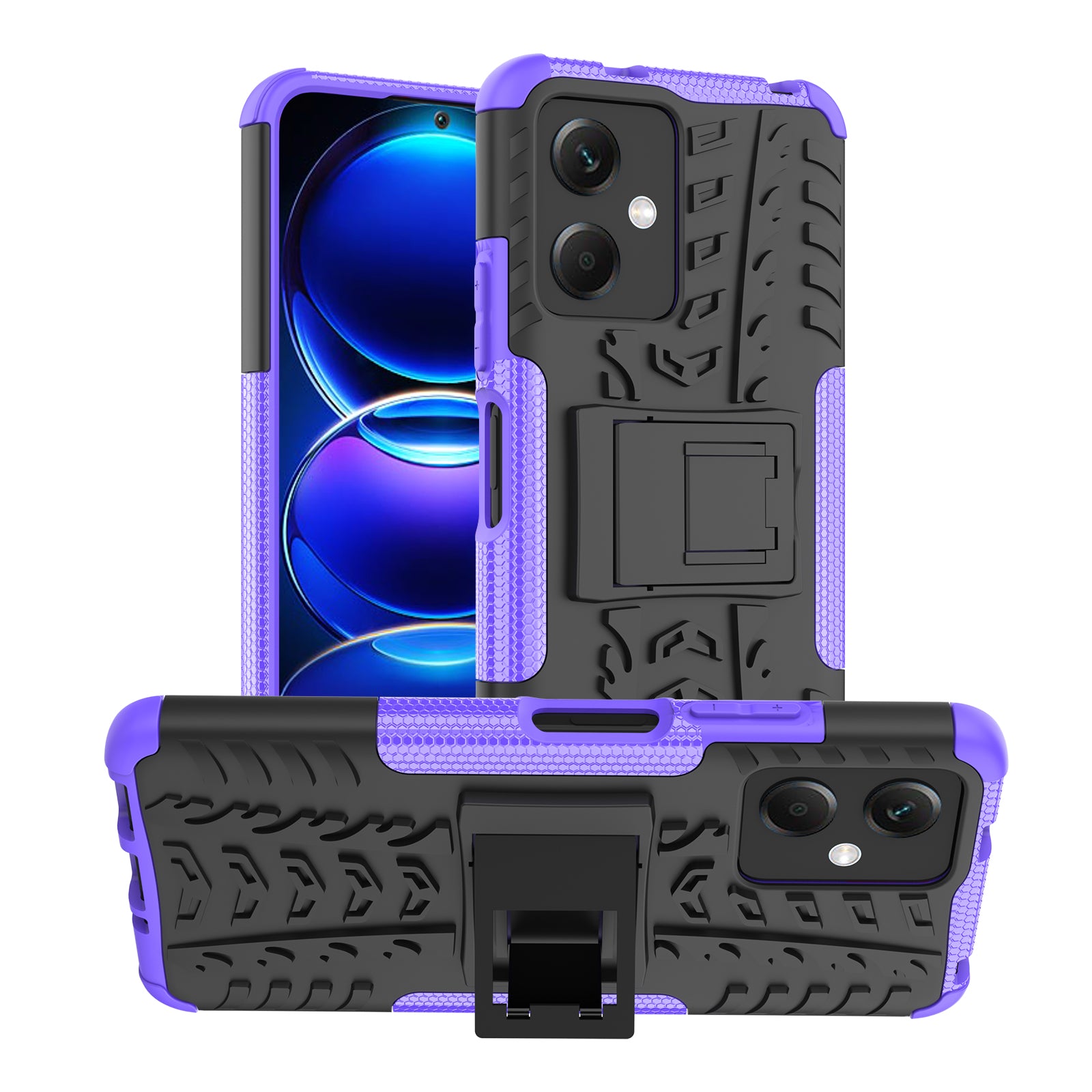For Xiaomi Redmi Note 12 5G (Global) / (India) / (China) / Poco X5 5G Hard PC+TPU Rugged Tire Pattern Shock-absorbing Phone Case Kickstand Back Cover
