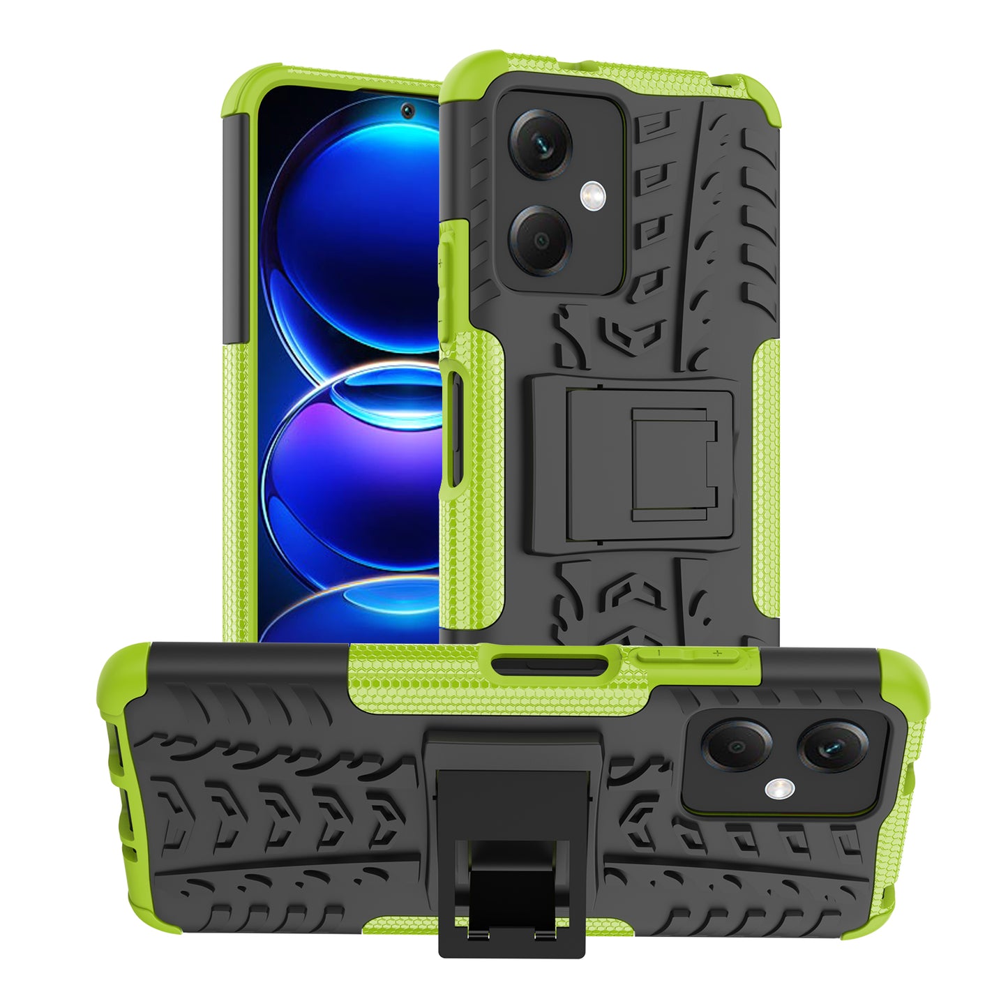 For Xiaomi Redmi Note 12 5G (Global) / (India) / (China) / Poco X5 5G Hard PC+TPU Rugged Tire Pattern Shock-absorbing Phone Case Kickstand Back Cover