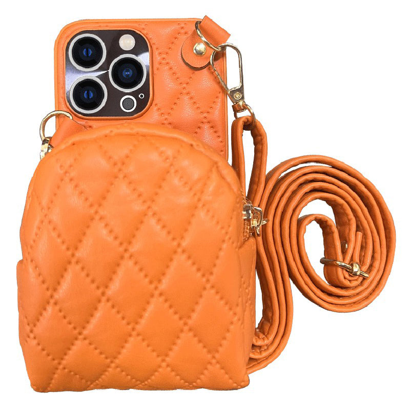 For iPhone 13 Pro 6.1 inch Imprinted Rhombus Pattern PU Leather Coated PC Phone Case Crossbody Strap Zipper Cover with Card Holder