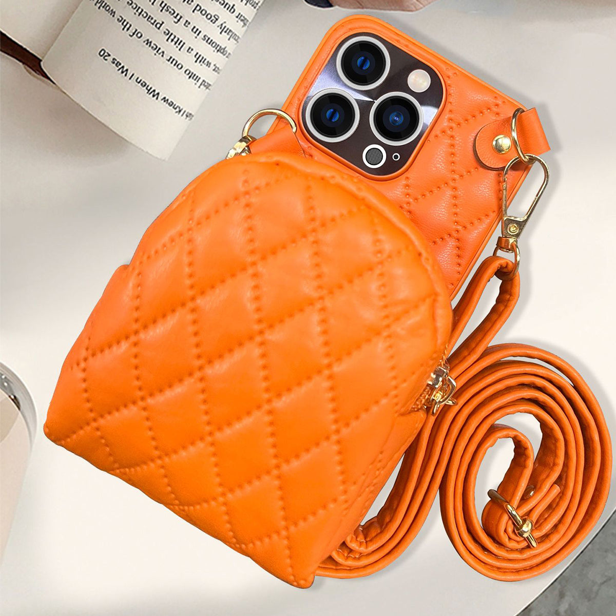 For iPhone 13 Pro 6.1 inch Imprinted Rhombus Pattern PU Leather Coated PC Phone Case Crossbody Strap Zipper Cover with Card Holder