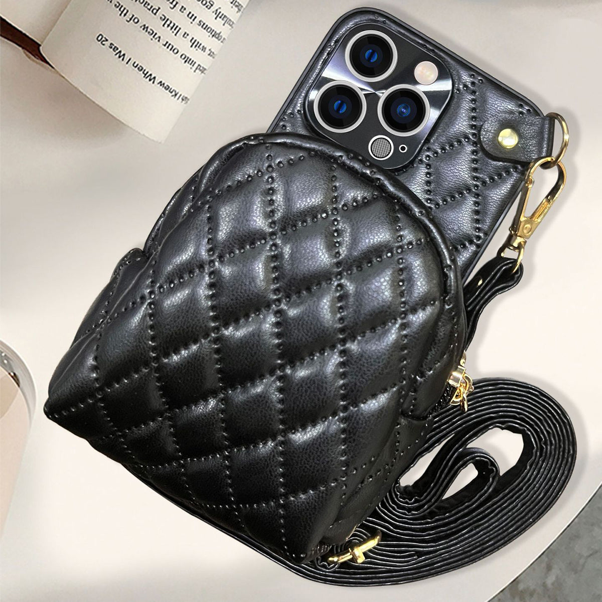 For iPhone 13 Pro 6.1 inch Imprinted Rhombus Pattern PU Leather Coated PC Phone Case Crossbody Strap Zipper Cover with Card Holder
