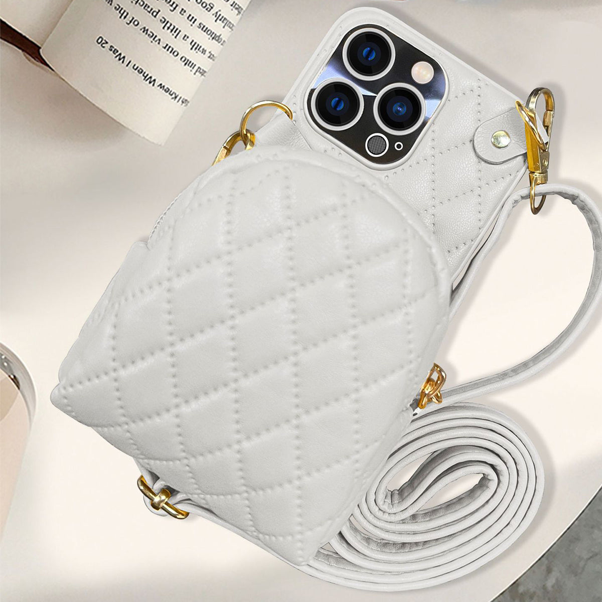 For iPhone 13 Pro 6.1 inch Imprinted Rhombus Pattern PU Leather Coated PC Phone Case Crossbody Strap Zipper Cover with Card Holder