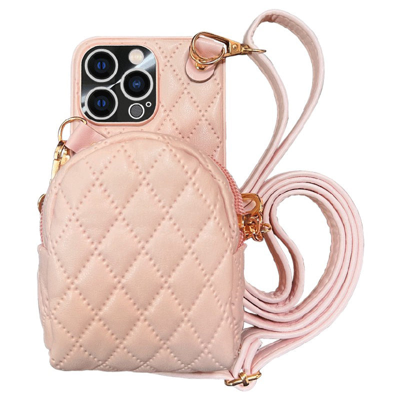 For iPhone 13 Pro 6.1 inch Imprinted Rhombus Pattern PU Leather Coated PC Phone Case Crossbody Strap Zipper Cover with Card Holder