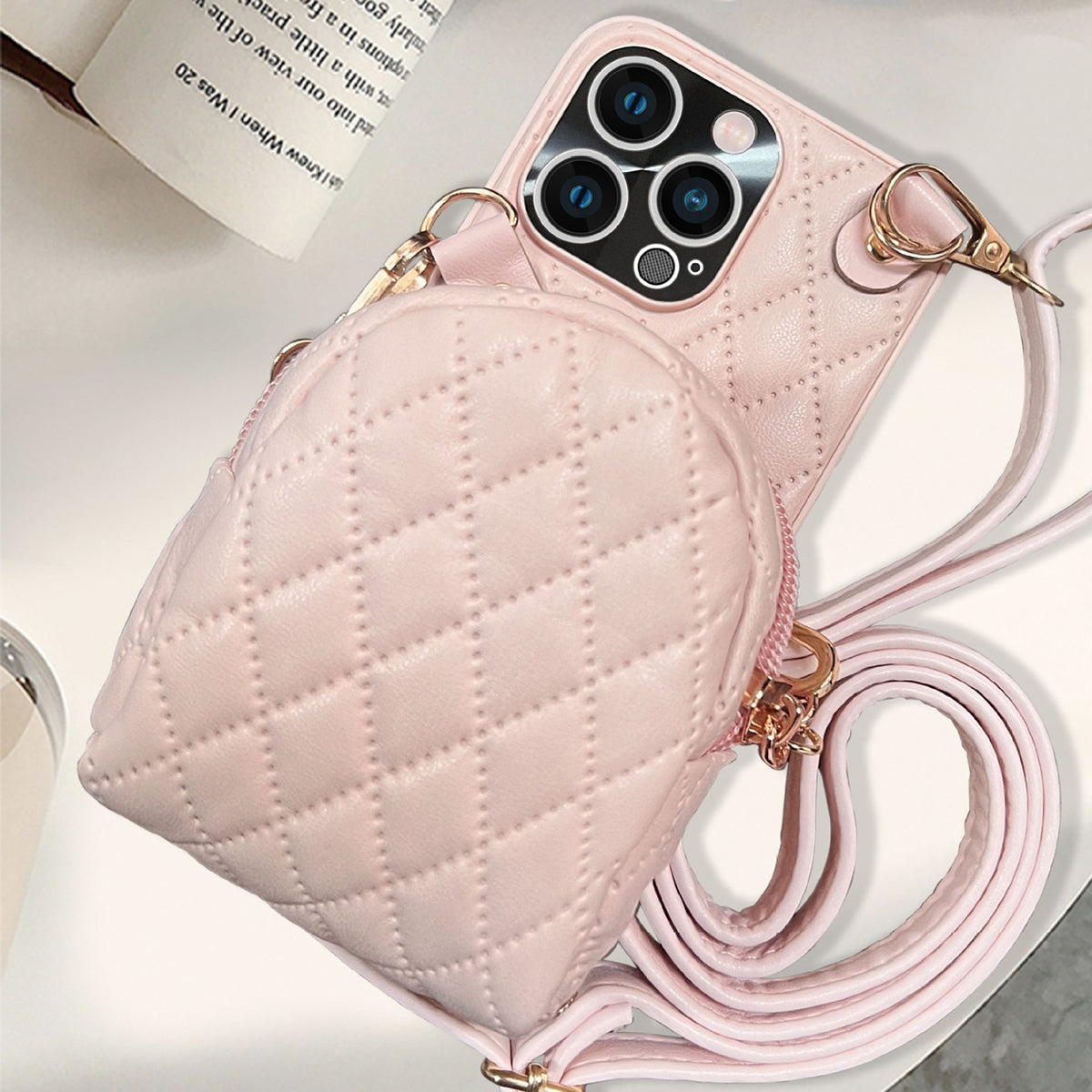 For iPhone 13 Pro 6.1 inch Imprinted Rhombus Pattern PU Leather Coated PC Phone Case Crossbody Strap Zipper Cover with Card Holder