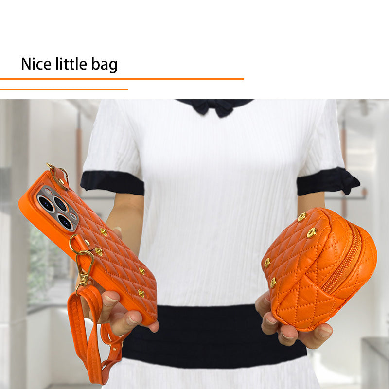 For iPhone 13 Pro 6.1 inch Imprinted Rhombus Pattern PU Leather Coated PC Phone Case Crossbody Strap Zipper Cover with Card Holder