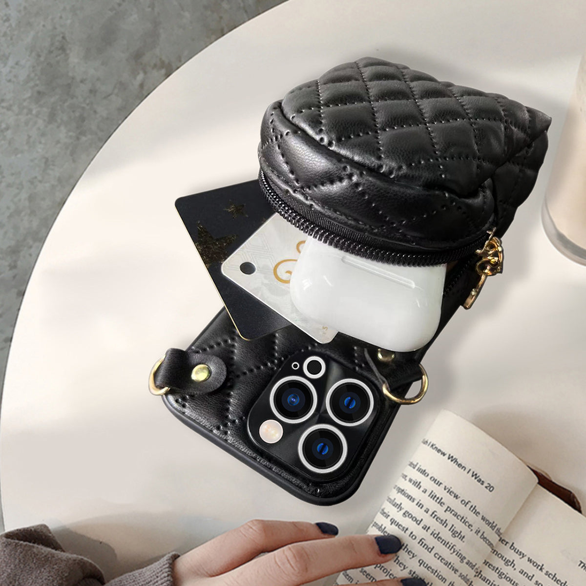 For iPhone 13 Pro 6.1 inch Imprinted Rhombus Pattern PU Leather Coated PC Phone Case Crossbody Strap Zipper Cover with Card Holder