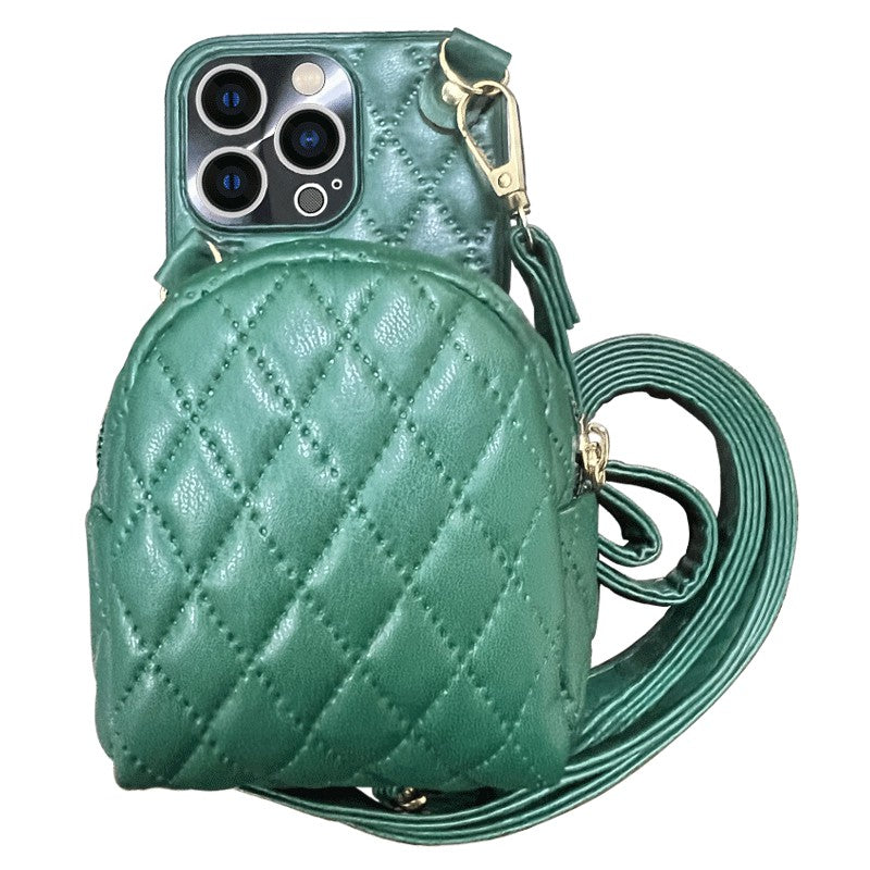 For iPhone 13 Pro 6.1 inch Imprinted Rhombus Pattern PU Leather Coated PC Phone Case Crossbody Strap Zipper Cover with Card Holder