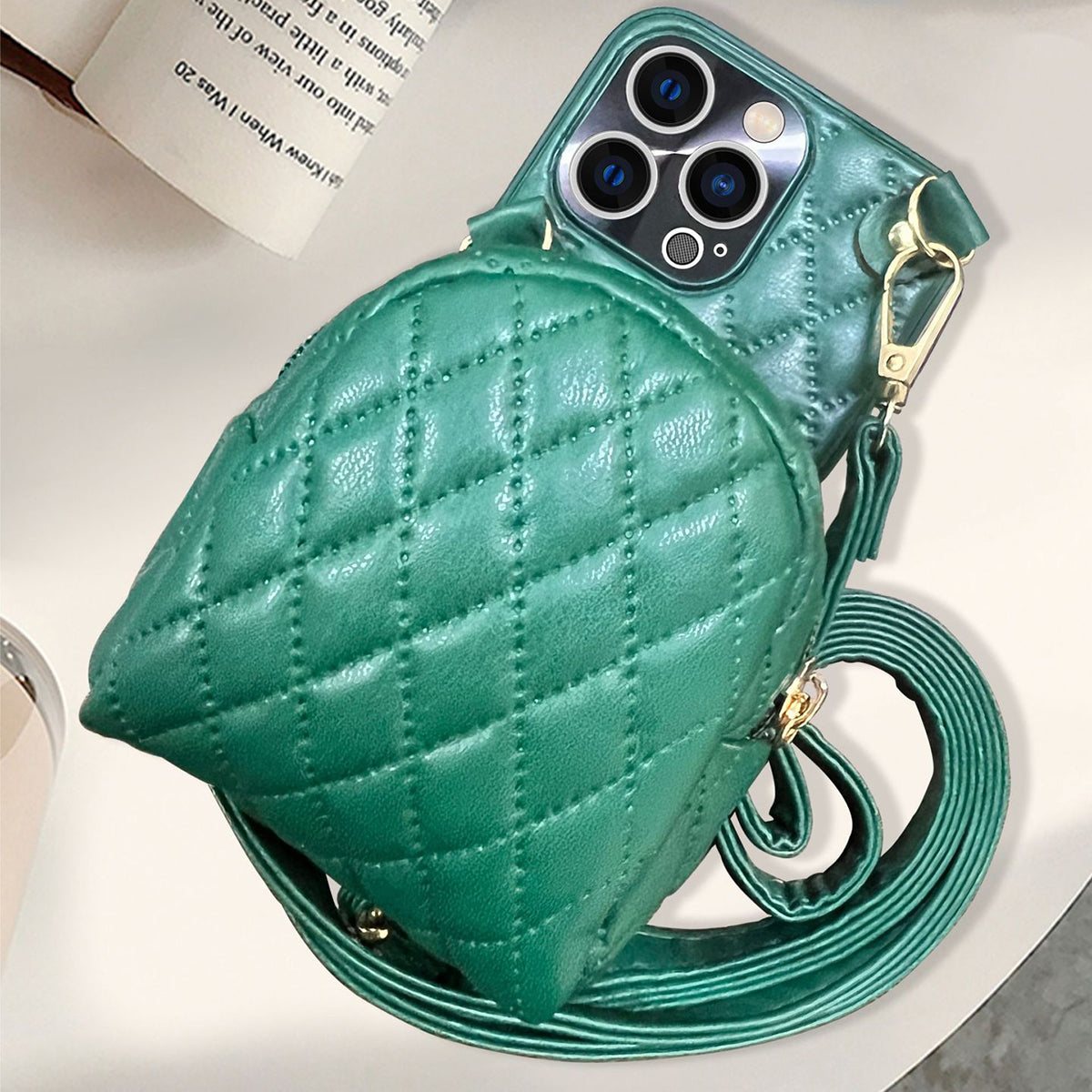 For iPhone 13 Pro 6.1 inch Imprinted Rhombus Pattern PU Leather Coated PC Phone Case Crossbody Strap Zipper Cover with Card Holder