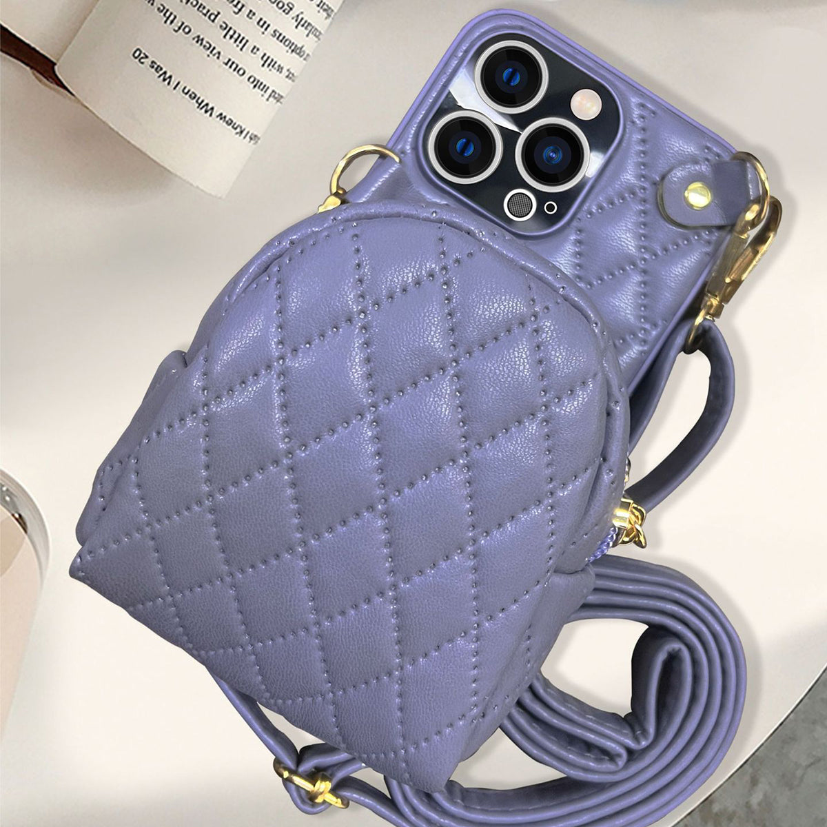 For iPhone 13 Pro 6.1 inch Imprinted Rhombus Pattern PU Leather Coated PC Phone Case Crossbody Strap Zipper Cover with Card Holder