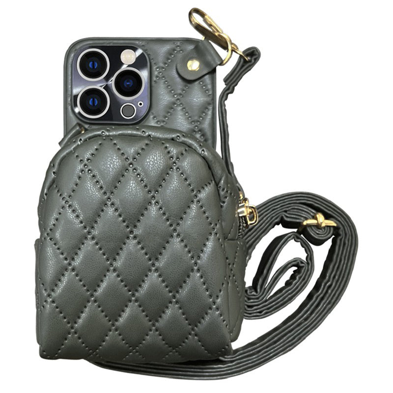 For iPhone 13 Pro 6.1 inch Imprinted Rhombus Pattern PU Leather Coated PC Phone Case Crossbody Strap Zipper Cover with Card Holder