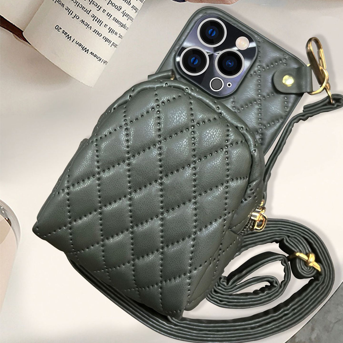 For iPhone 13 Pro 6.1 inch Imprinted Rhombus Pattern PU Leather Coated PC Phone Case Crossbody Strap Zipper Cover with Card Holder